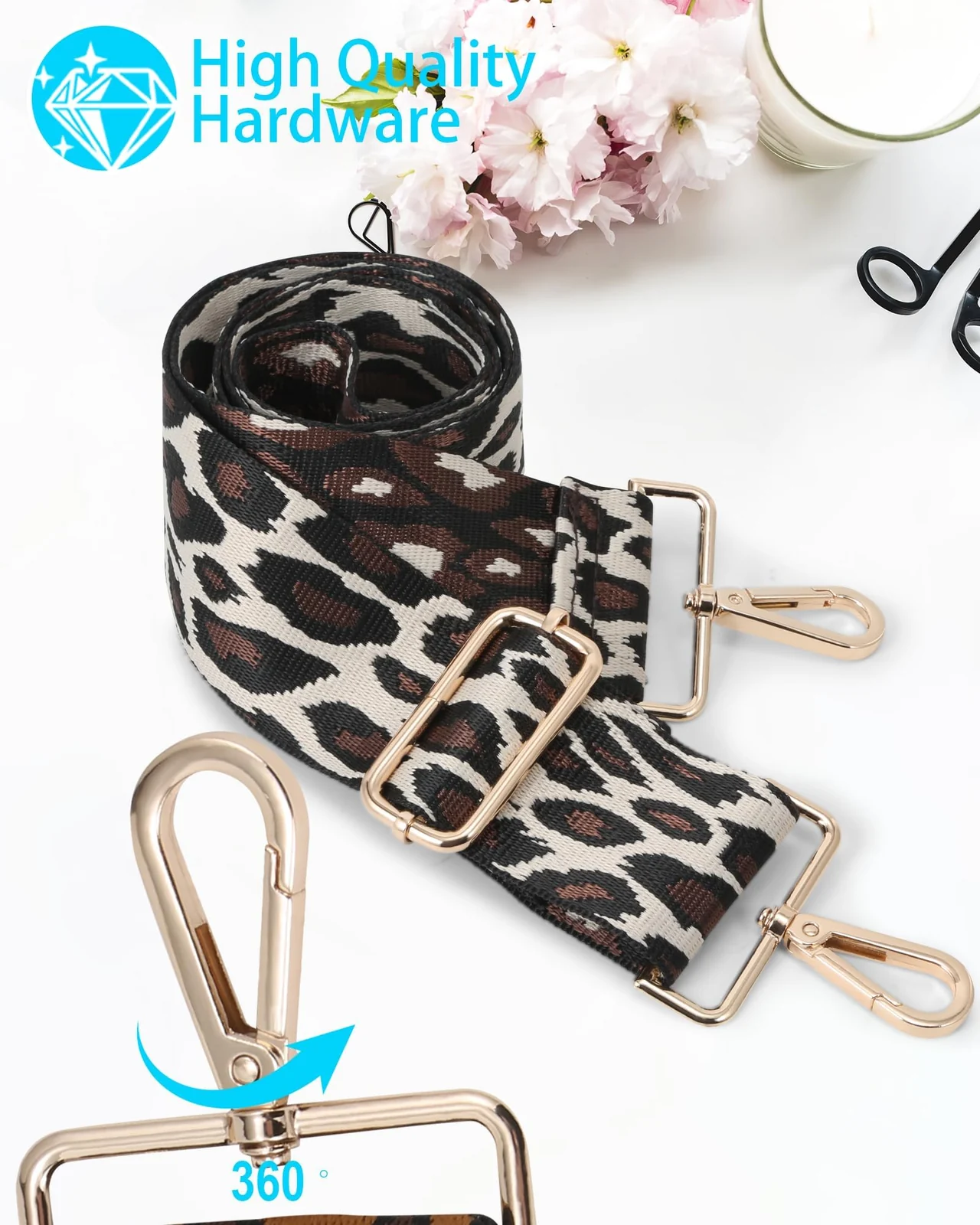 DL3 Mobilak Adjustable Wide Crossbody Bag Strap for Women, Replacement Shoulder Strap for Handbags, Totes & Purses with Elegant Embroidered Pattern and Metal Hooks - Leopard Beige