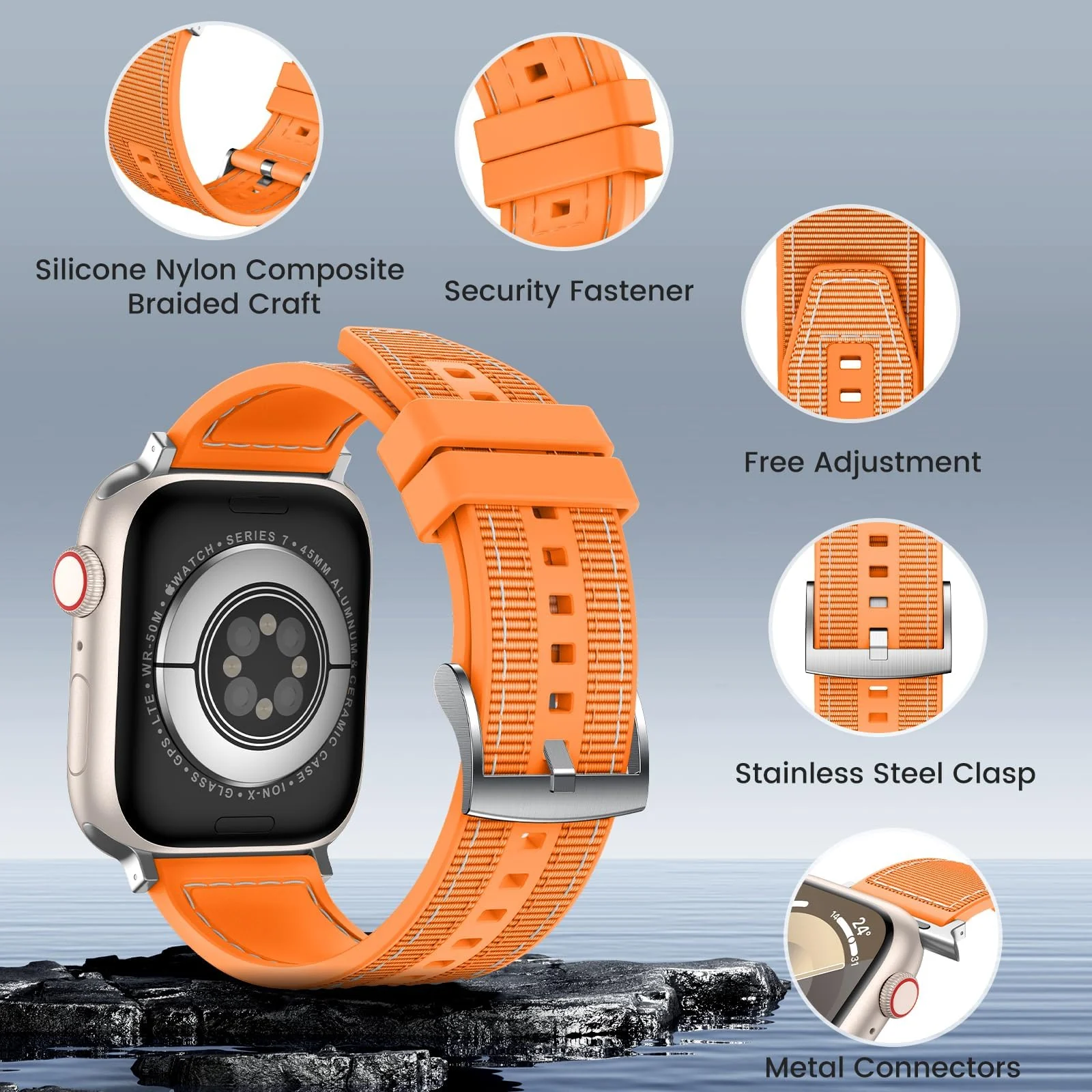 DL3 Mobilak Sport Silicone Nylon Band Designed for Apple Watch Band 49mm 46mm 45mm 44mm 42mm for Men Women, Waterproof Soft Replacement Strap for iWatch Ultra2 Ultra SE SE2 Series 10 9 8 7 6 5 4 3 2 1 - Orange