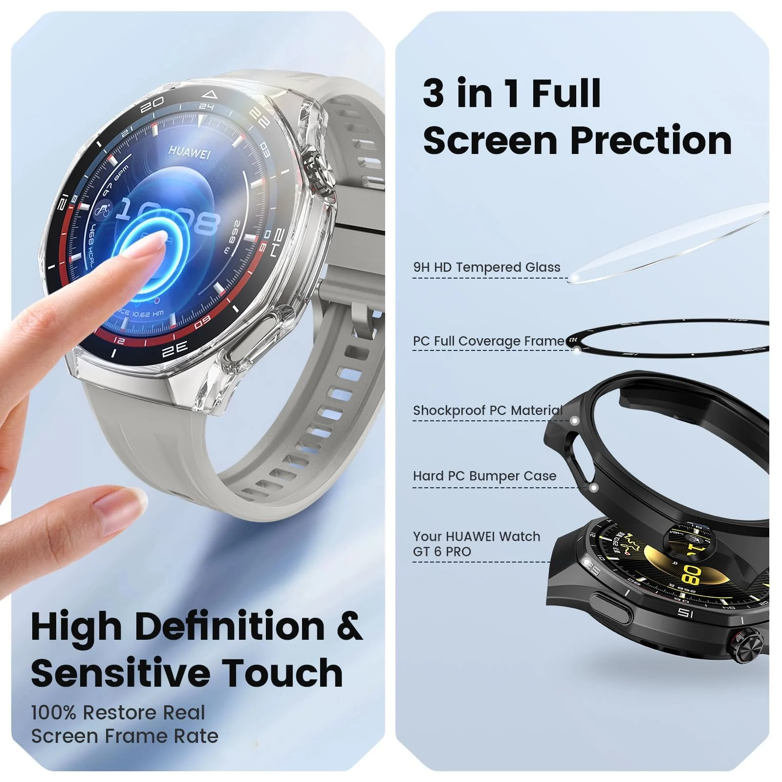 DL3 Mobilak Protective Case for Huawei Watch GT 6 Pro 46mm, Hard PC Bumper Cover with Built-in Tempered Glass Screen Protector Shell Cover Full Coverage with Scale for GT6 Pro 46 mm - Blue
