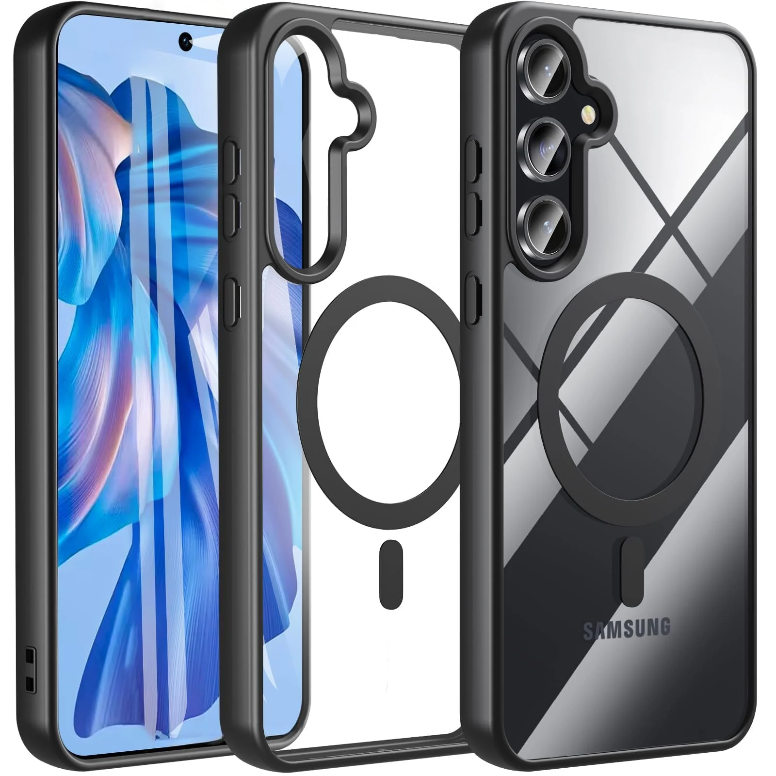 DL3 Mobilak Clear MagSafe-Compatible Magnetic Case for Samsung Galaxy A55 with Camera Protection and Magnetic Car-Mount Support - Black