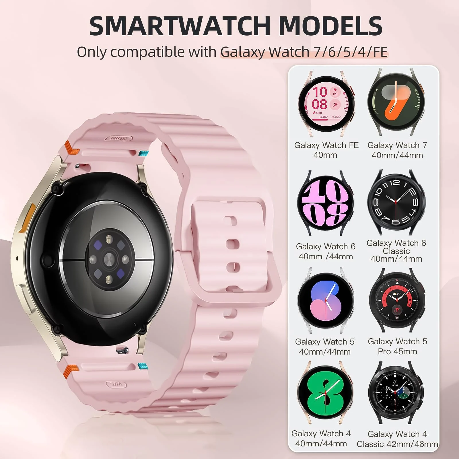 DL3 Mobilak No Gap Sport Bands For Samsung Galaxy Watch 7 6 5 4 FE Strap 40mm 44mm, Soft Silicone Sport Band for Galaxy Watch 6 Classic Straps 47mm 43mm/Galaxy Watch 5 Pro/Watch 4 Classic 42mm 46mm for Men Women - Ice Pink