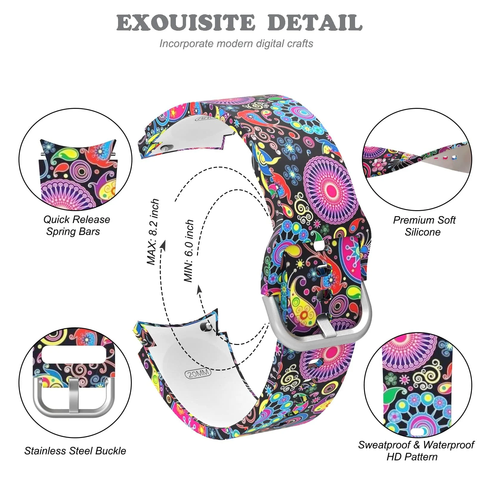DL3 Mobilak No Gap Bands Compatible with Samsung Galaxy Watch 7 5 4 6 Band 44mm 40mm/Watch 5 Pro 45mm/Galaxy Watch 4 Classic 46mm 42mm Strap,20mm Quick Release Sport Replacement Bands for Women Men - Fireworks