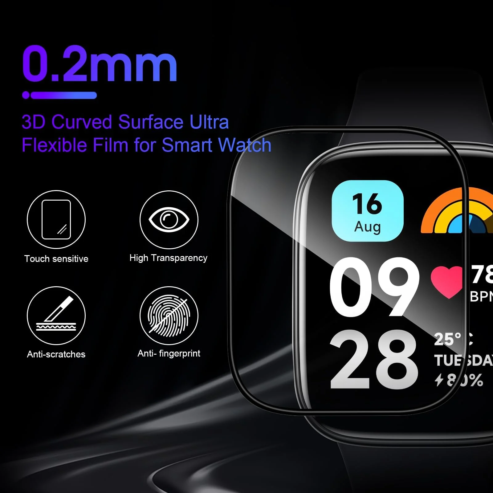 DL3 Mobilak Screen Protector For Xiaomi Redmi Watch 3 Active/Redmi Watch 3 Lite, 3D Curved Soft Edge Protective Film [Anti-Scratch] [Bubble Free] [Ultra Shatterproof] [High Sensitive] (Not Glass) - Black