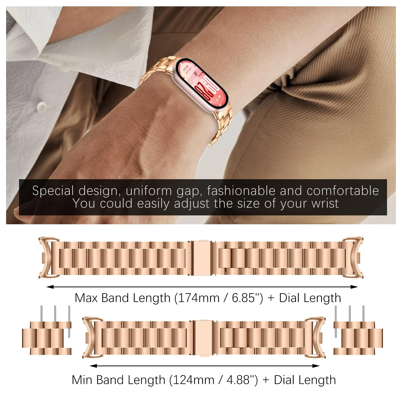MOBIGON Stainless Steel Bracelet Strap with Double-Folding Clasp for Xiaomi Smart Band 8 / 9 / 10, Rose Gold