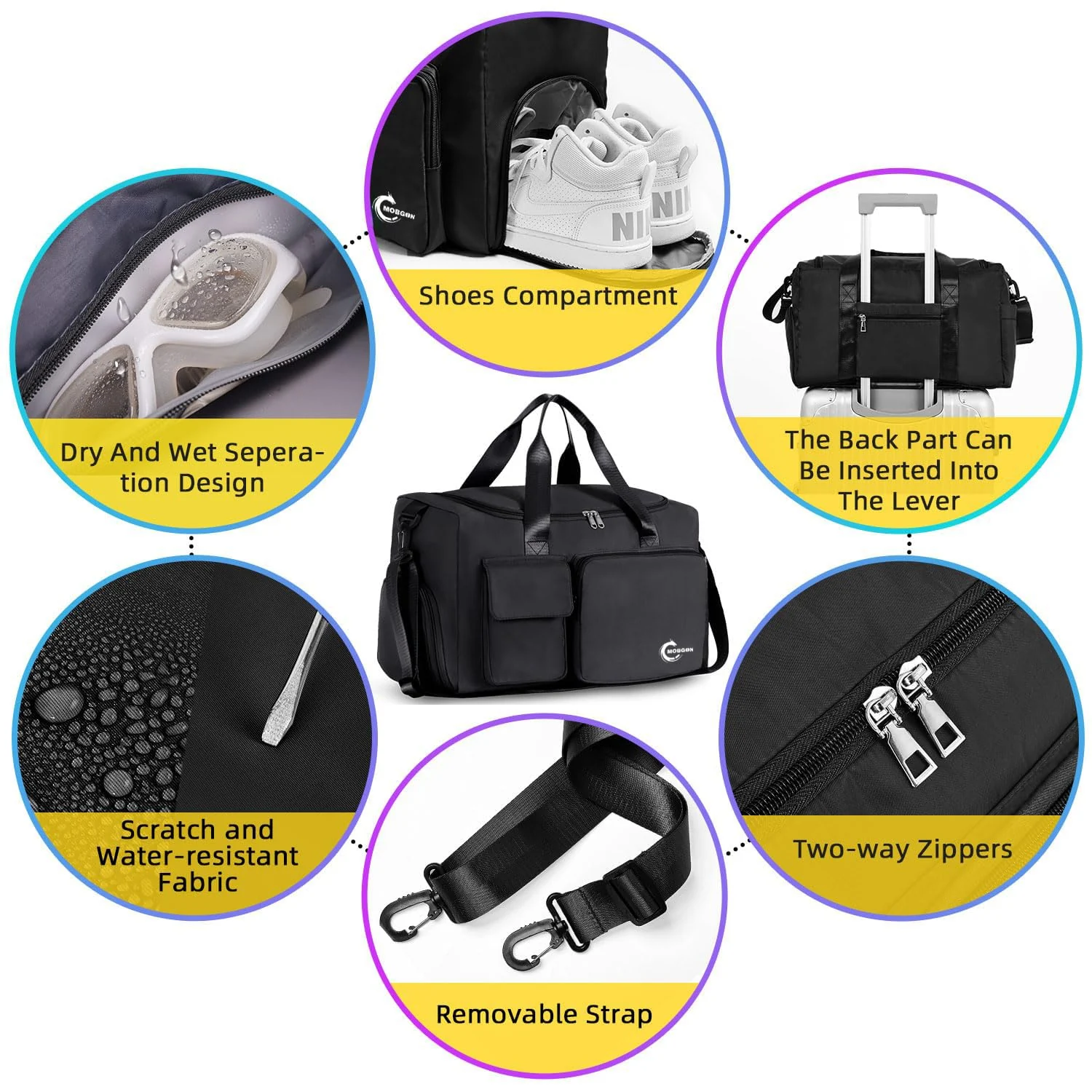Mobigon Luxury Waterproof Leather Weekender Duffel with Dedicated Shoe & Wet Compartments, Large Capacity Travel and Gym Bag for Men & Women, Adjustable Shoulder Carry Design - Black
