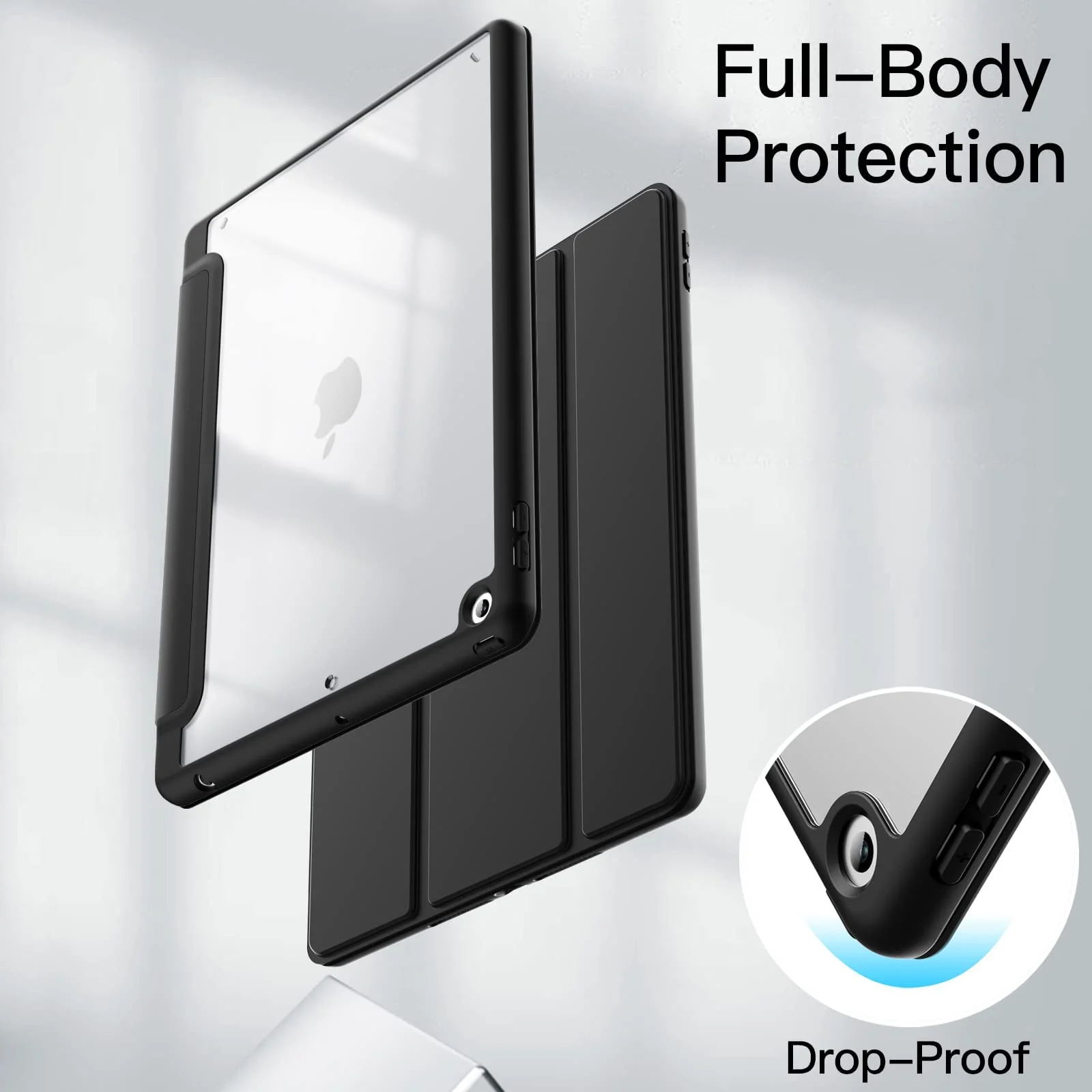 DL3 Mobilak Case for iPad 10.2-Inch (9th/8th/7th Generation, 2021/2020/2019), Clear Shockproof Back Cover Built-in Pencil Holder, Auto Sleep/Wake - Black