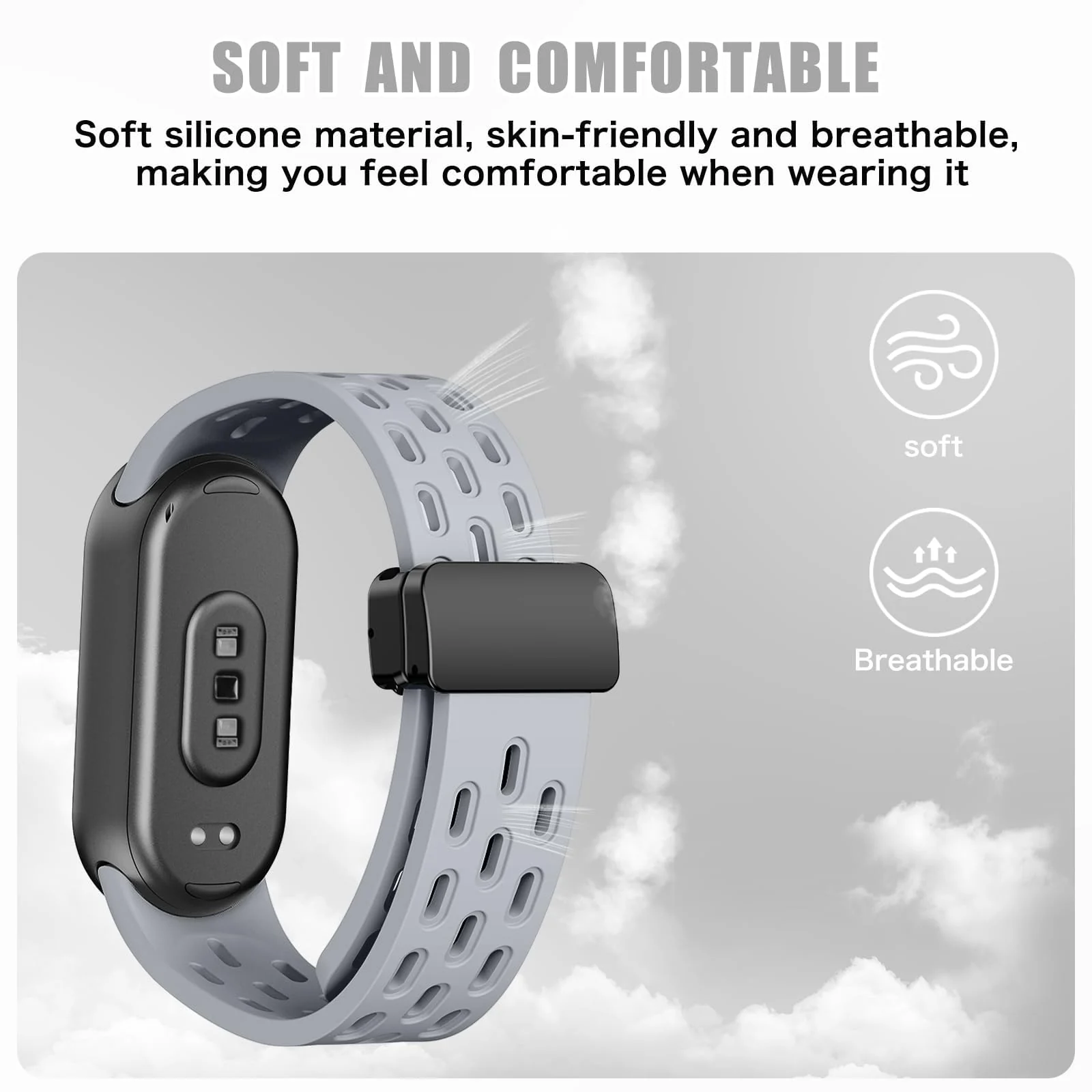 DL3 Mobilak Strap For Xiaomi Mi Band 10/9/8 Magnetic Metal Buckle Sport Silicone Breathable Strap for Men Women Band Quick Release Soft Replacment Wristband For Xiaomi Smart Band 8/9/10 - Gray
