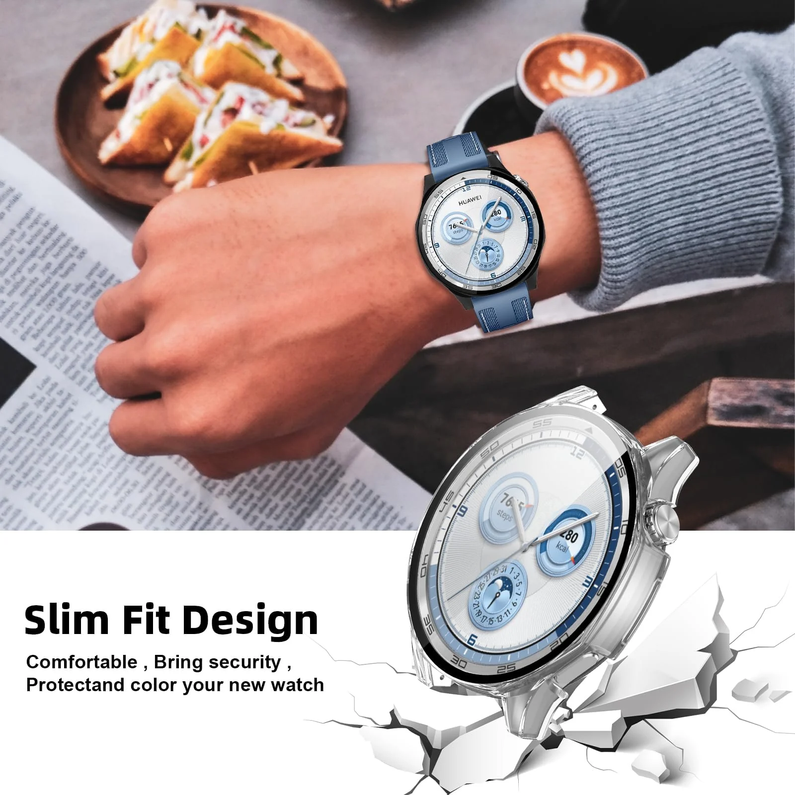 DL3 Mobilak Case with Screen Protector for Huawei Watch GT5 46 mm, Bumper Full Coverage Hard PC Overall Protective Cover, Built-in Tempered Glass Film High Sensitivity For Huawei GT 5 46mm - Clear