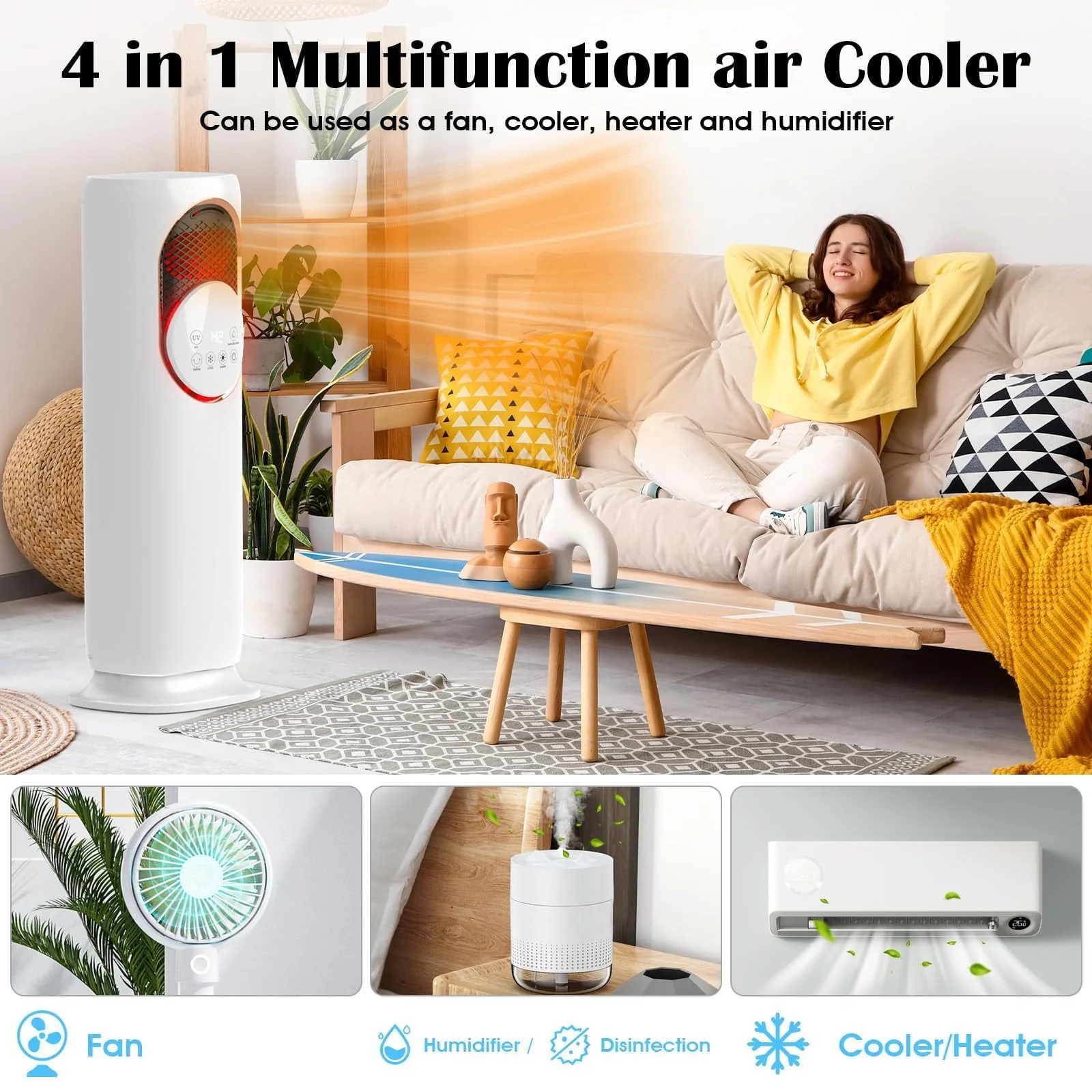 Mobigon 4 in 1 Fan and Heater Combo with Humidification, 4L Water Tank with Remote Control, Touch, 180° Oscillating, 2 Speed Heating, 3 Speed Cooling, 12H Timer Tip-over & Overheat Protection - White
