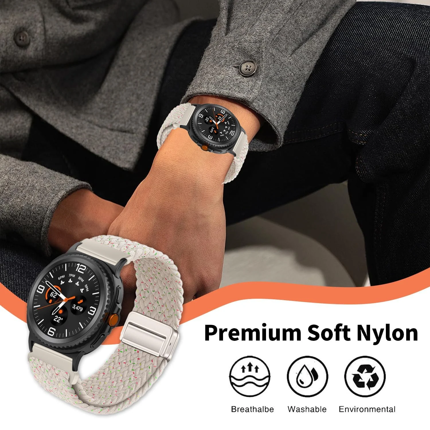 DL3 Mobilak 22mm Magnetic Band for Redmi Watch 5 Active/5 Lite/Samsung Galaxy Watch 3 45mm/Watch 46mm/Gear S3/Huawei watch GT6 GT5 46MM/GT2E/GT6 Pro/GT 5 Pro/Amazfit GTR 4, Braided Nylon Strap - Starlight Star