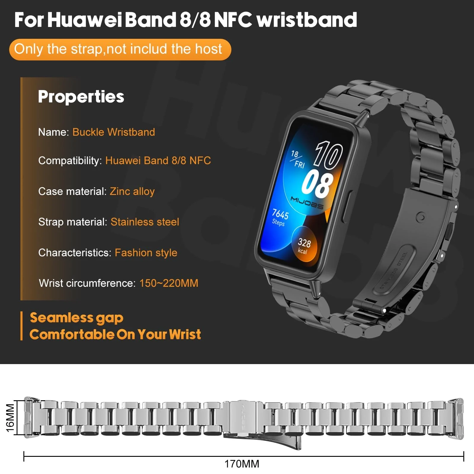 DL3 Mobilak Metal Strap Compatible with HUAWEI Band 10 / HUAWEI Band 9 / HUAWEI Band 8, Stainless Steel Replacement Band with Folding Clasp, Adjustable Replacement Bracelet Wristband - Black