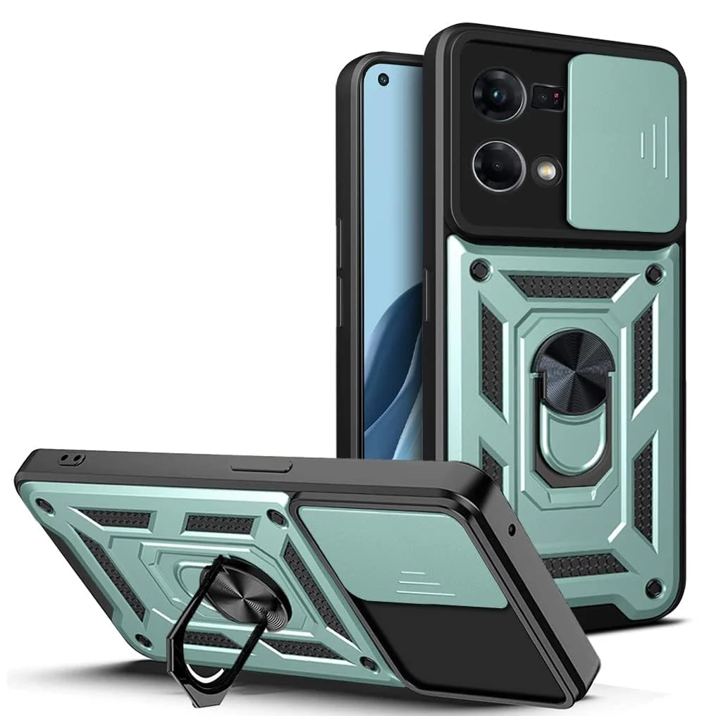 DL3 Mobilak Protective Case with Sliding Camera Cover, Metal Ring Kickstand and Magnetic Car-Mount Support for OPPO Reno 8 4G / Reno 7 4G / F21 Pro 4G / F21S Pro 4G - Green