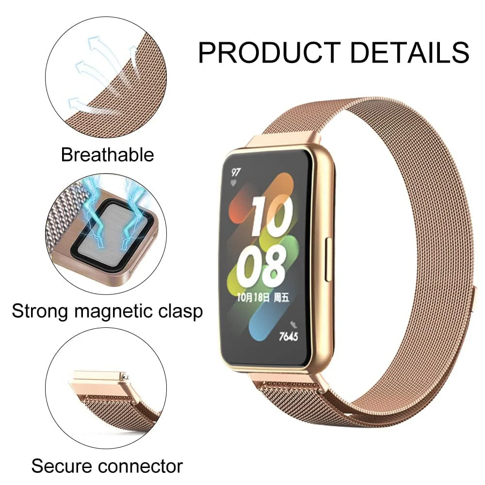 DL3 Mobilak Strap for Huawei Band 7/ Honor Band 7, Metal Woven Stainless Steel Magnetic Replacement Strap, Classic Adjustable Watch Strap Compatible with Huawei Watch Band 7 Bracelets - Rose Gold