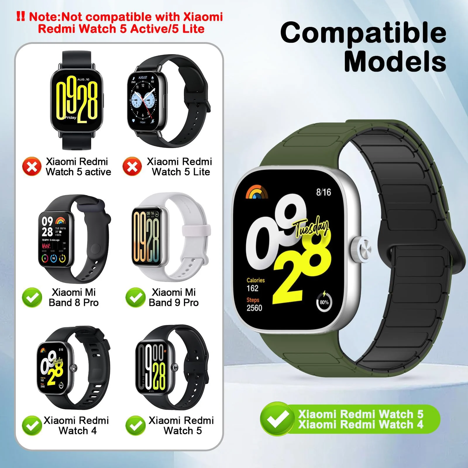 DL3 Mobilak Magnetic Strap for Redmi Watch 4/5/6/Xiaomi Smart Band 8 Pro/Band 9 Pro Replacement Straps Strong Silicone, Easy to Wear, Waterproof, Sporty, Daily Wear Watchbands for Men and Women - Green | Black