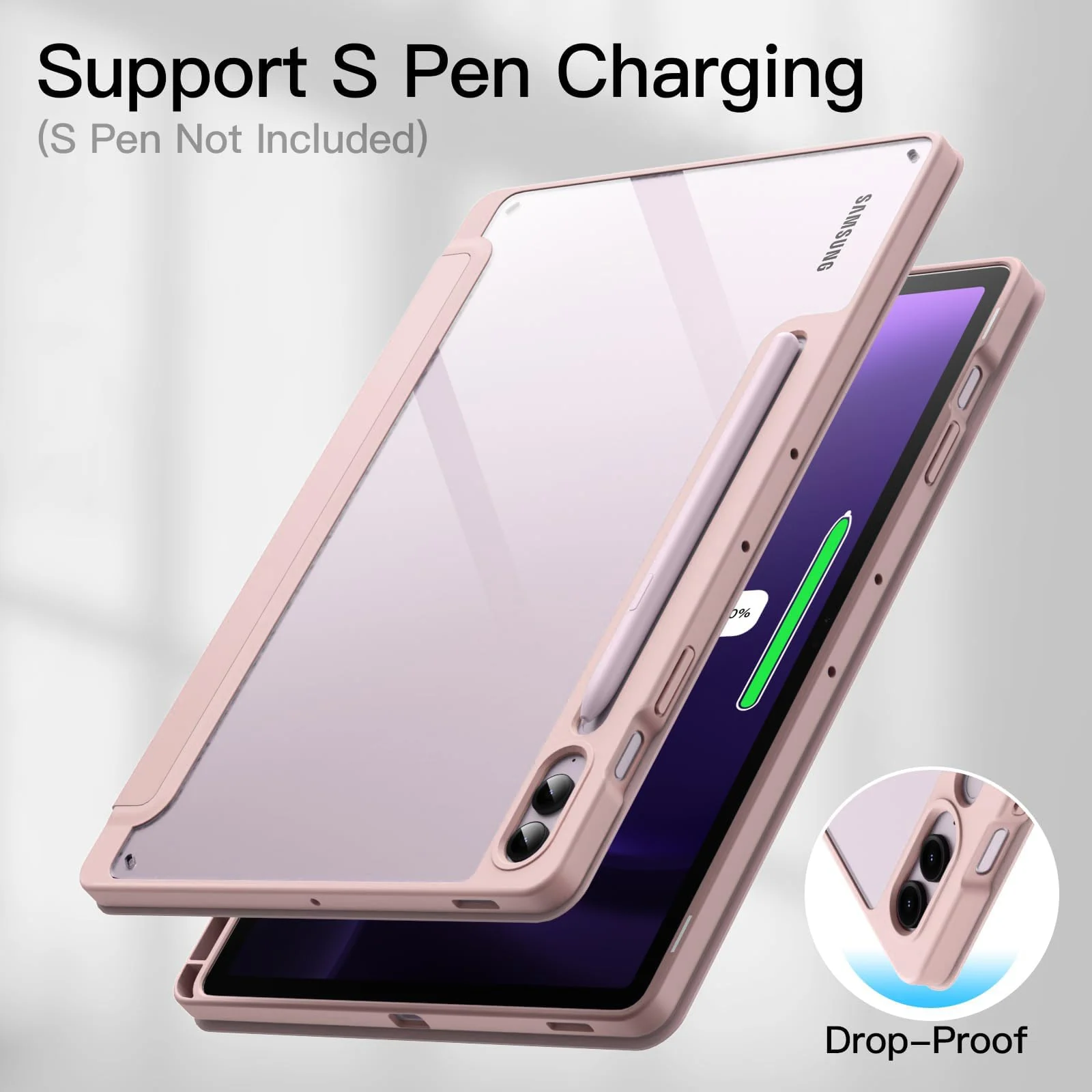 DL3 Mobilak Hybrid Slim Case for Samsung Galaxy Tab S9 FE+ / S9 FE Plus 12.4-Inch with S Pen Holder, Shockproof Cover with Clear Transparent Back Shell, Auto Wake/Sleep - Pink