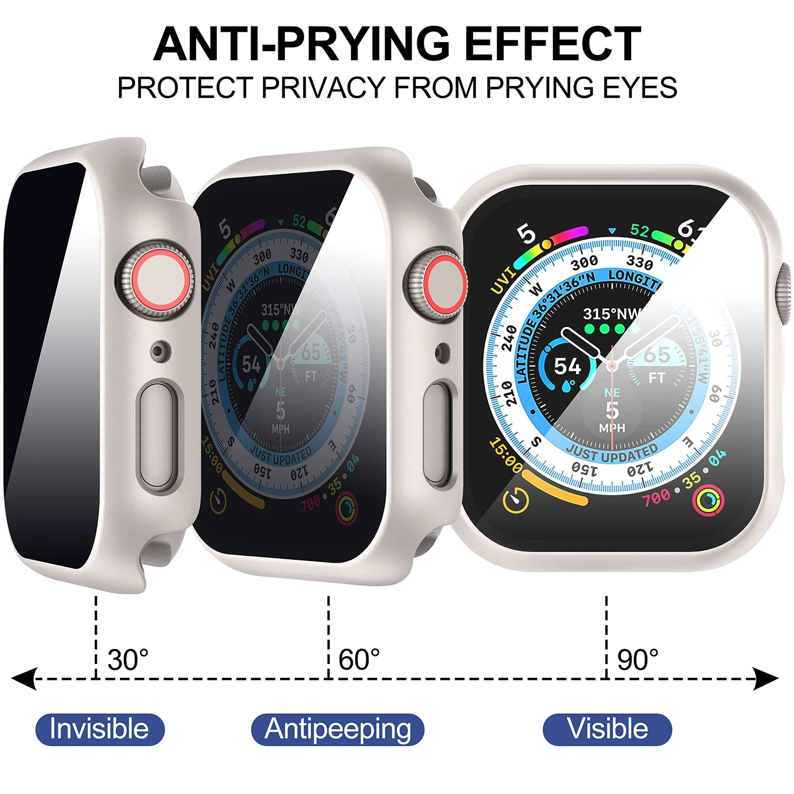 DL3 Mobilak Privacy Case for Apple Watch Series 9/8/7 45mm Screen Protector, Anti-Spy Tempered Glass Film Apple Watch Cover Hard PC Case Bumper for iWatch 45 mm Series 9 8 7 - Starlight