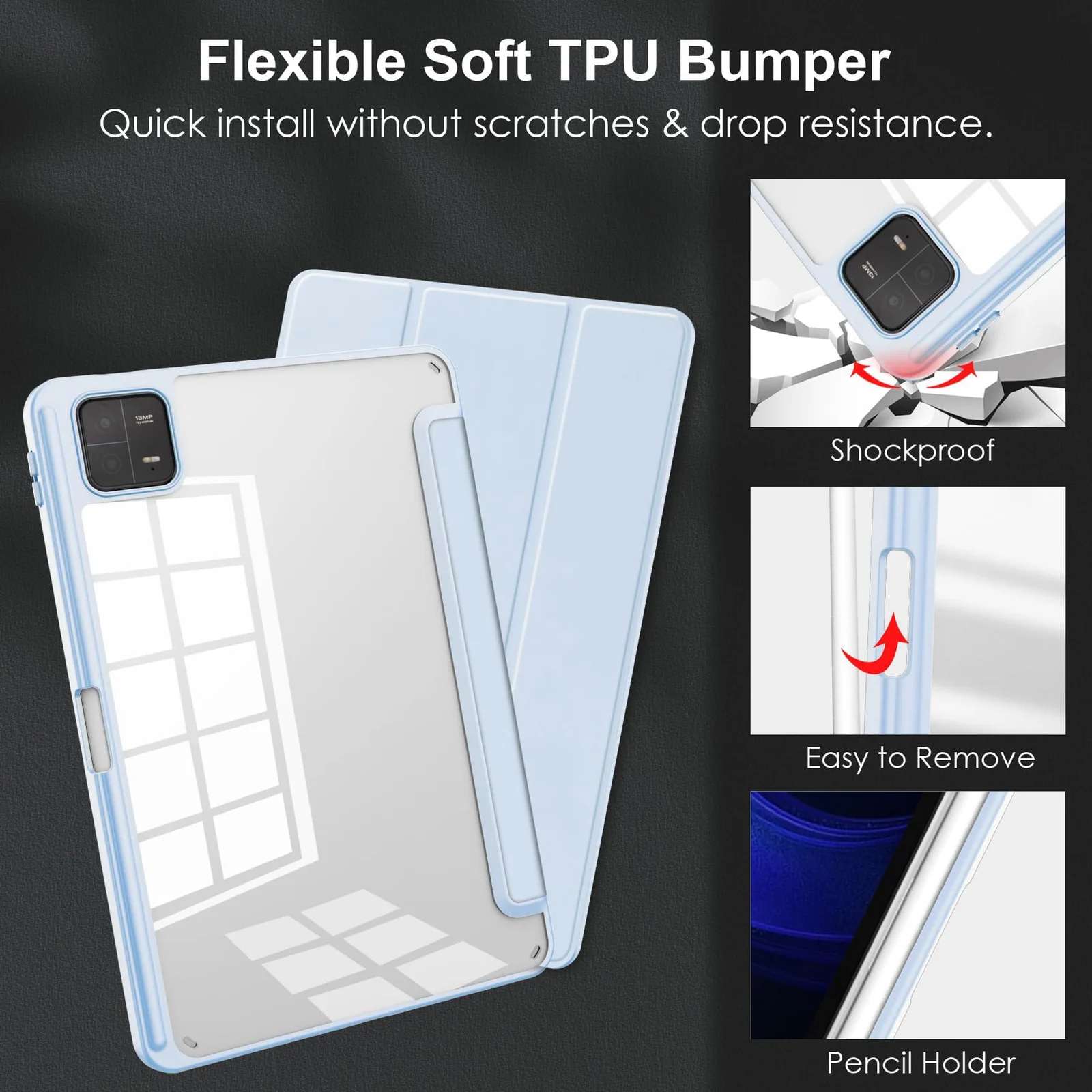 DL3 Mobilak Case for Xiaomi Pad 7 / Xiaomi Pad 7 Pro 2024 11.2 inch, Clear Shockproof Back Cover Built-in Pencil Holder, Auto Sleep/Wake - Baby Blue