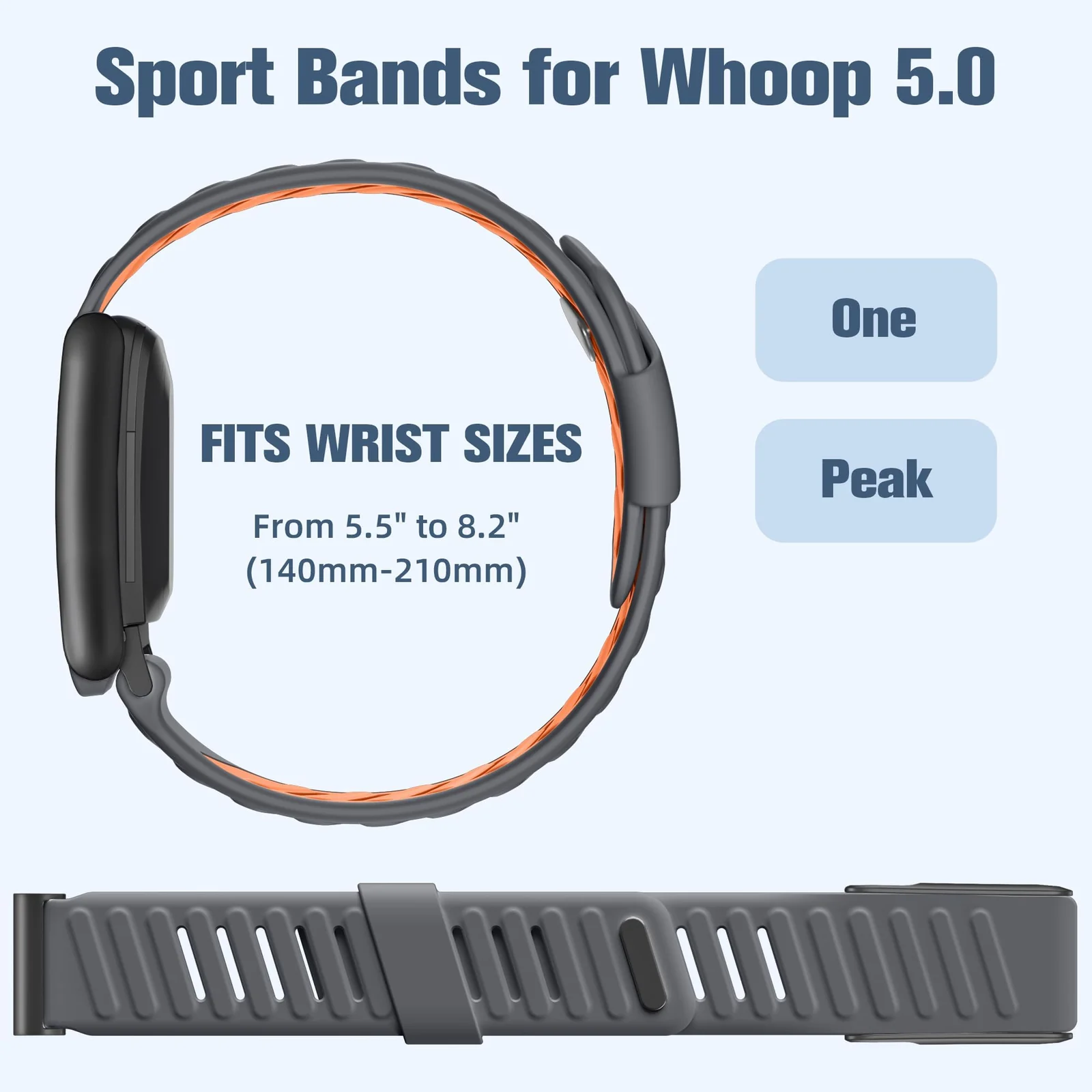 MOBIGON Breathable Silicone Sport Strap for WHOOP 5.0 One / Peak (Not Life), Gray / Orange
