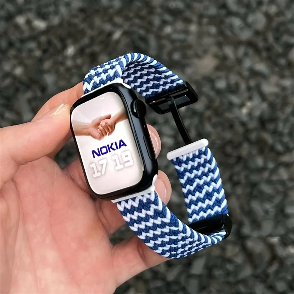 DL3 Mobilak Sport Solo Loop Compatible with Apple Watch Band 42mm 44mm 45mm 46mm 49mm for Women Men, Magnetic Strap Stretchy Braided Wristband for iWatch Series 11 10 9 8 7 6 5 4 3 Ultra 3 2 1 SE SE2 - Blue White