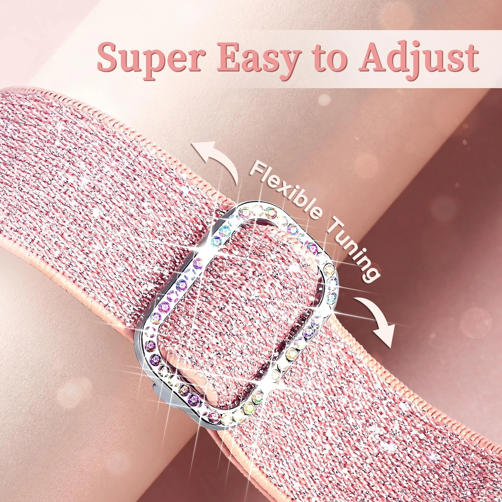 DL3 Mobilak Stretchy Bling Band For Apple Watch 49mm 46mm 45mm 44mm 42mm Women, Nylon Sparkly Strap Solo Loop Glitter Wristband for iWatch Series 11 10 9 8 7 6 5 4 SE3 SE2 SE Ultra 3 2 1 - Pink