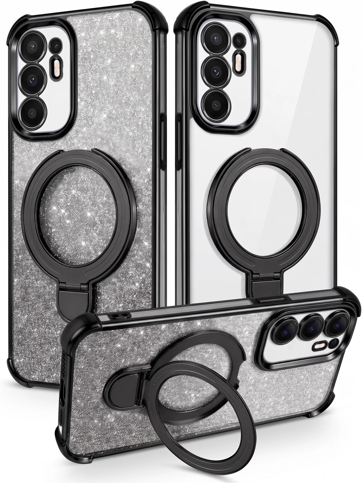 Mobigon Glitter Phone Case Compatible with OPPO Reno 6 4G, Magnetic Ring Stand Shockproof Cover, Clear Soft TPU Bumper with Full Camera Protection - Black