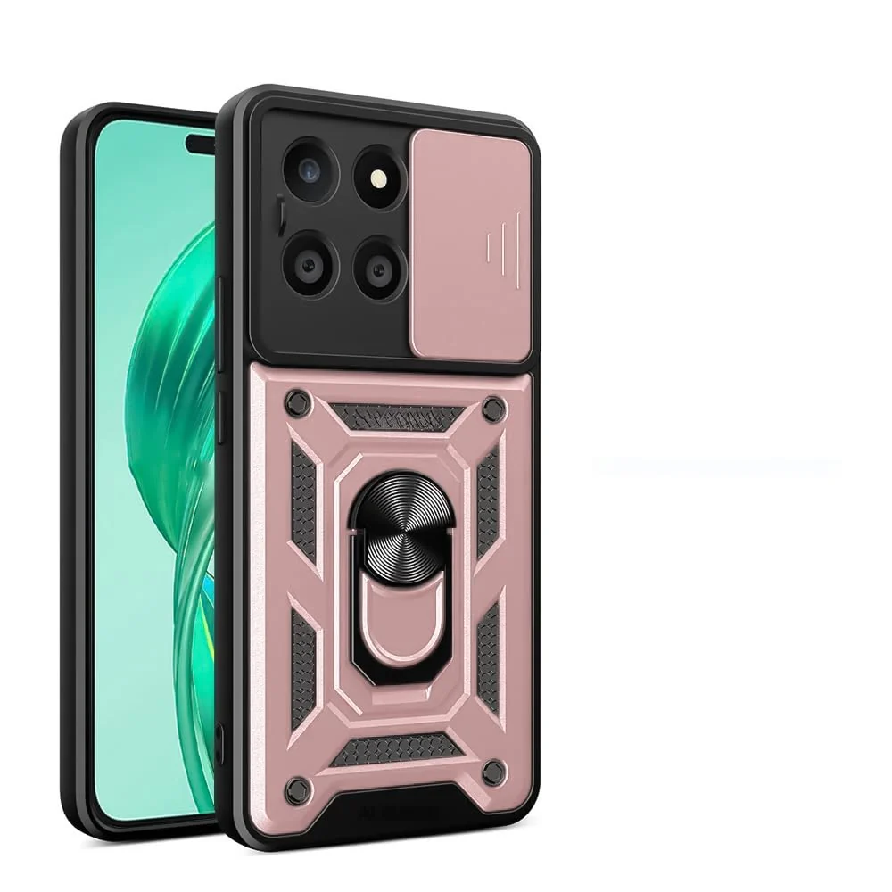 Dl3 Mobilak Case for Honor X8b with Slide Camera Cover, Military Grade Shockproof Protective Cover with Rotatable Metal Ring Kickstand [Support Magnetic Car Mount] (Rose Gold)