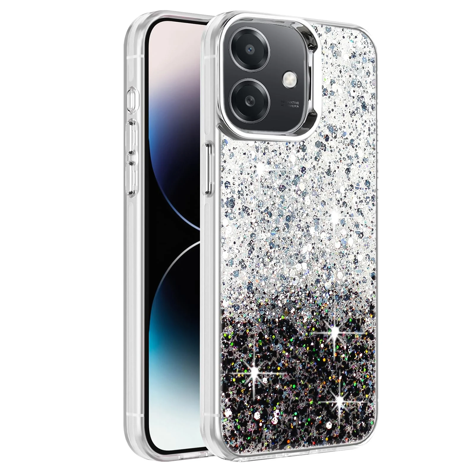 DL3 Mobilak Glitter Protective Case for OPPO A3 / OPPO A3X, Supports wireless charging, Camera protection, Shock-absorbing protection - White Black