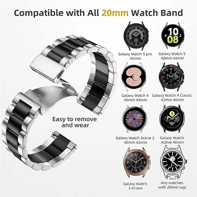 DL3 Mobilak Metal Band 20MM Strap for Samsung Gear Sport, Watch 4/5/5 Pro, S2 Classic, Active 2 40mm 44mm, Amazfit GTS 3/4/4 Mini, Bip 3/Pro/U, GTS 2 Mini/2e - A. Silver & Black