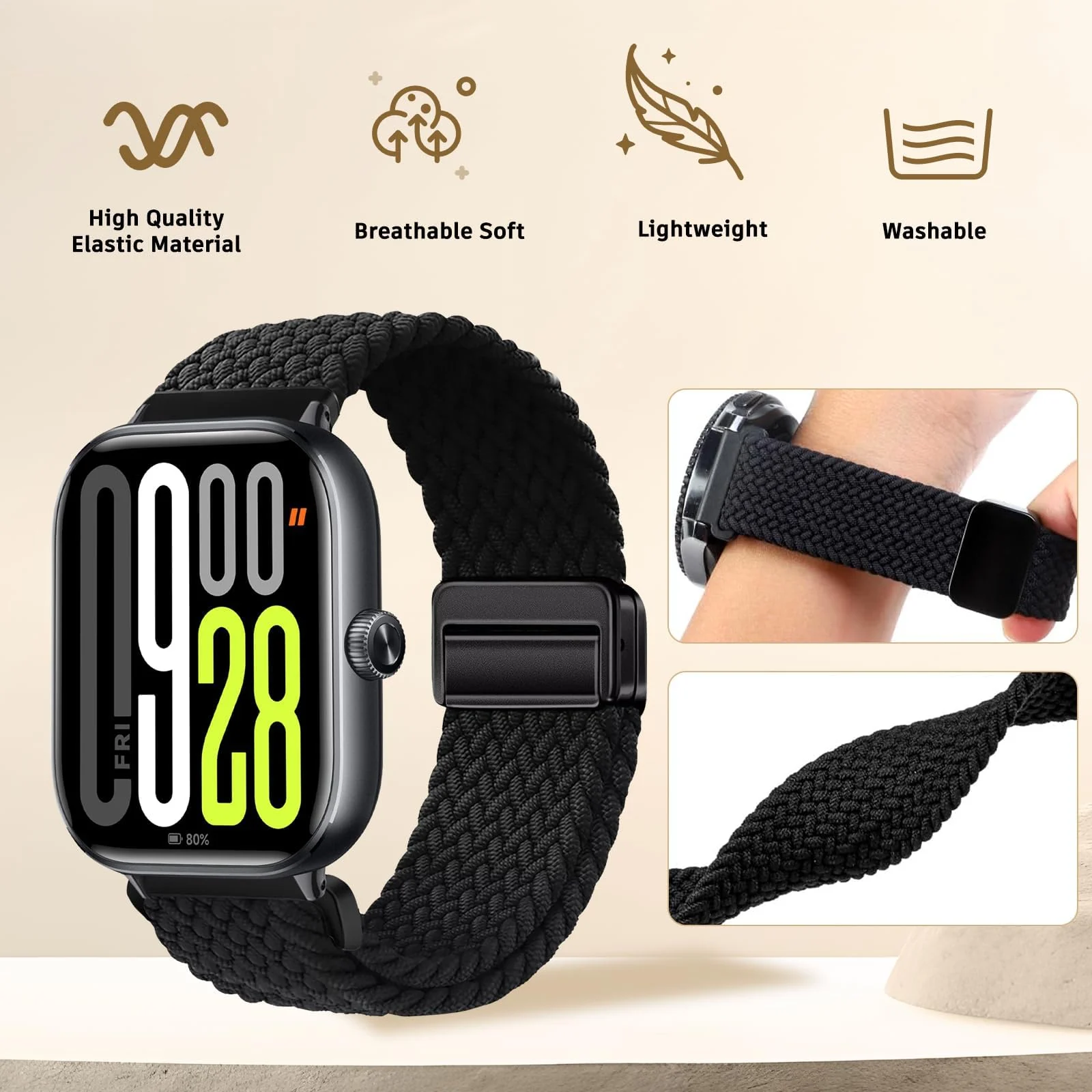 DL3 Mobilak Braided Bracelet Compatible with Redmi Watch 4/5 / 6 / Xiaomi Smart Band 8 Pro/Band 9 Pro, Nylon Magnetic Fabric Elastic Sport Nylon Replacement Strap for Men Women - Black