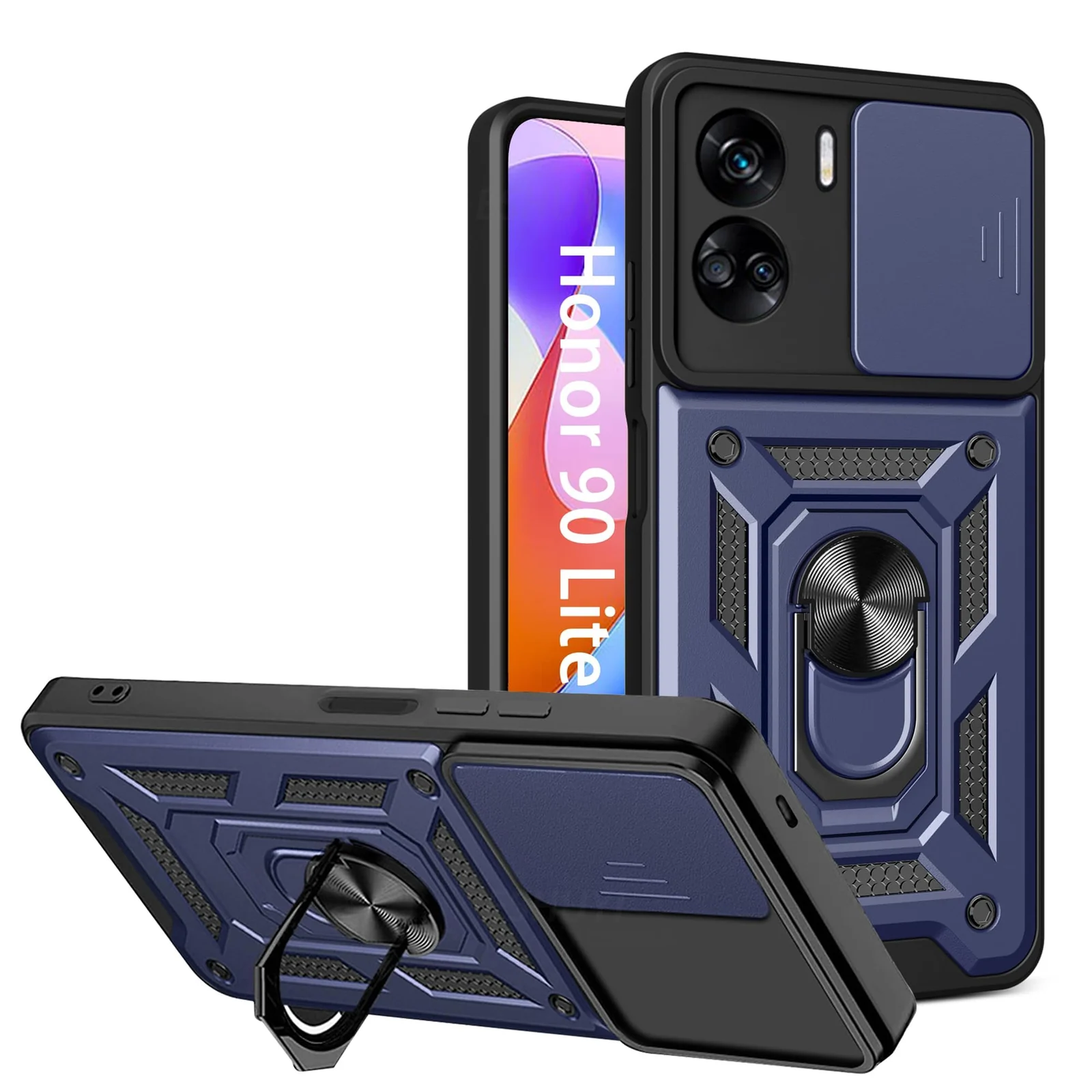 Dl3 Mobilak Case for Honor 90 Lite with Slide Camera Cover, Military Grade Shockproof Protective Cover with Rotatable Metal Ring Kickstand [Support Magnetic Car Mount] (Rose Gold)