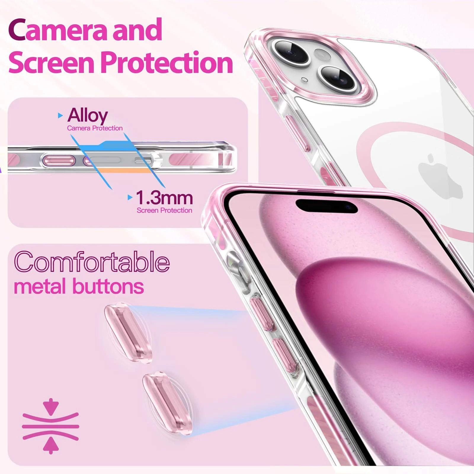 DL3 Mobilak Rugged Protective Case for iPhone 15 (6.1 Inch), Compatible with MagSafe accessories, Supports wireless charging, Shock-absorbing protection - Pink