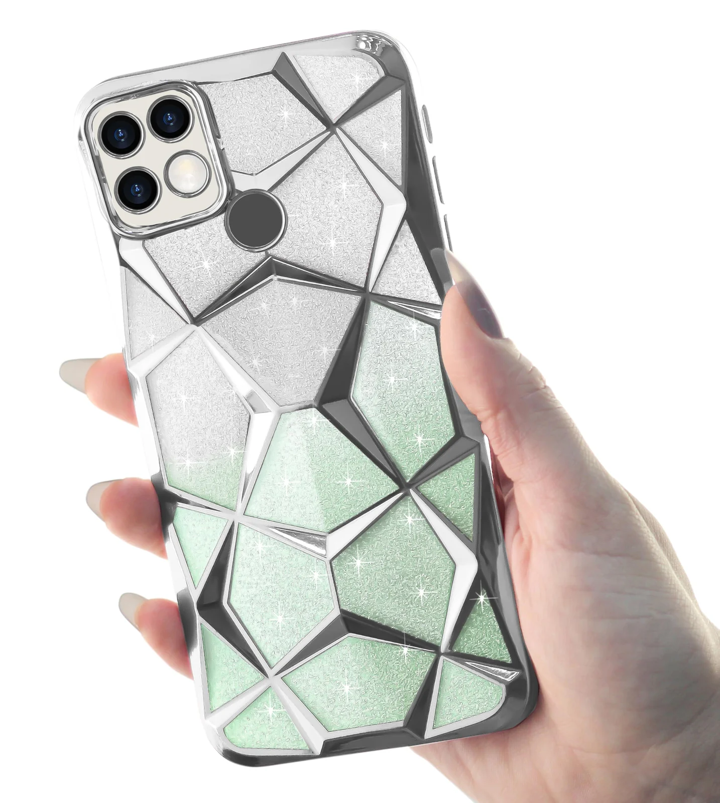 DL3 Mobilak Compatible with OPPO A15 / OPPO A15S Case Plating Bling Gradient Glitter Clear Cover Soft TPU Silicone Cute Camera Protection Shockproof Back for Women Girls Case - Silver Green
