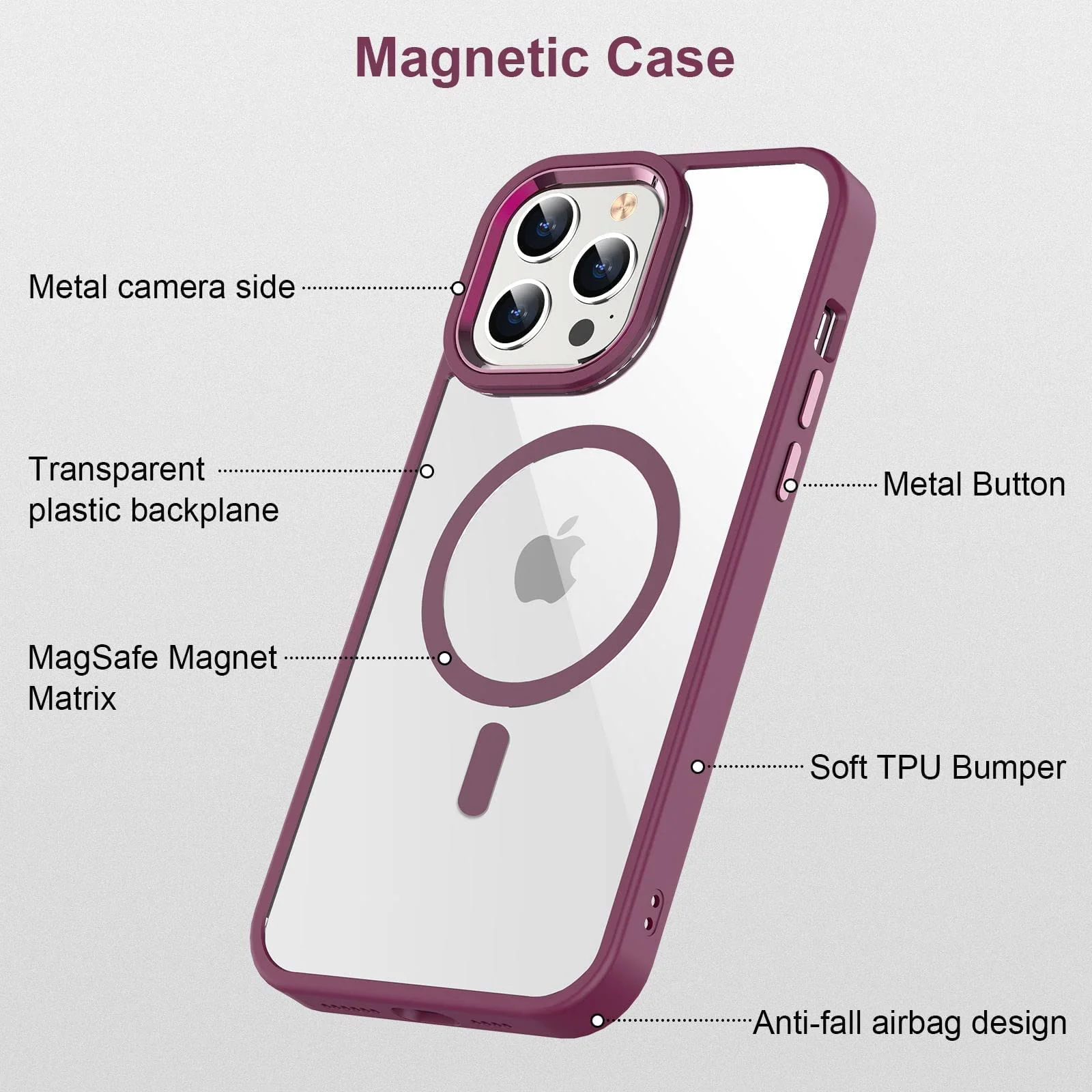 DL3 Mobilak Clear TPU Case for iPhone 13 Pro (6.1 Inch), Compatible with MagSafe accessories, Shock-absorbing protection, Anti-fingerprint finish - Wine Red