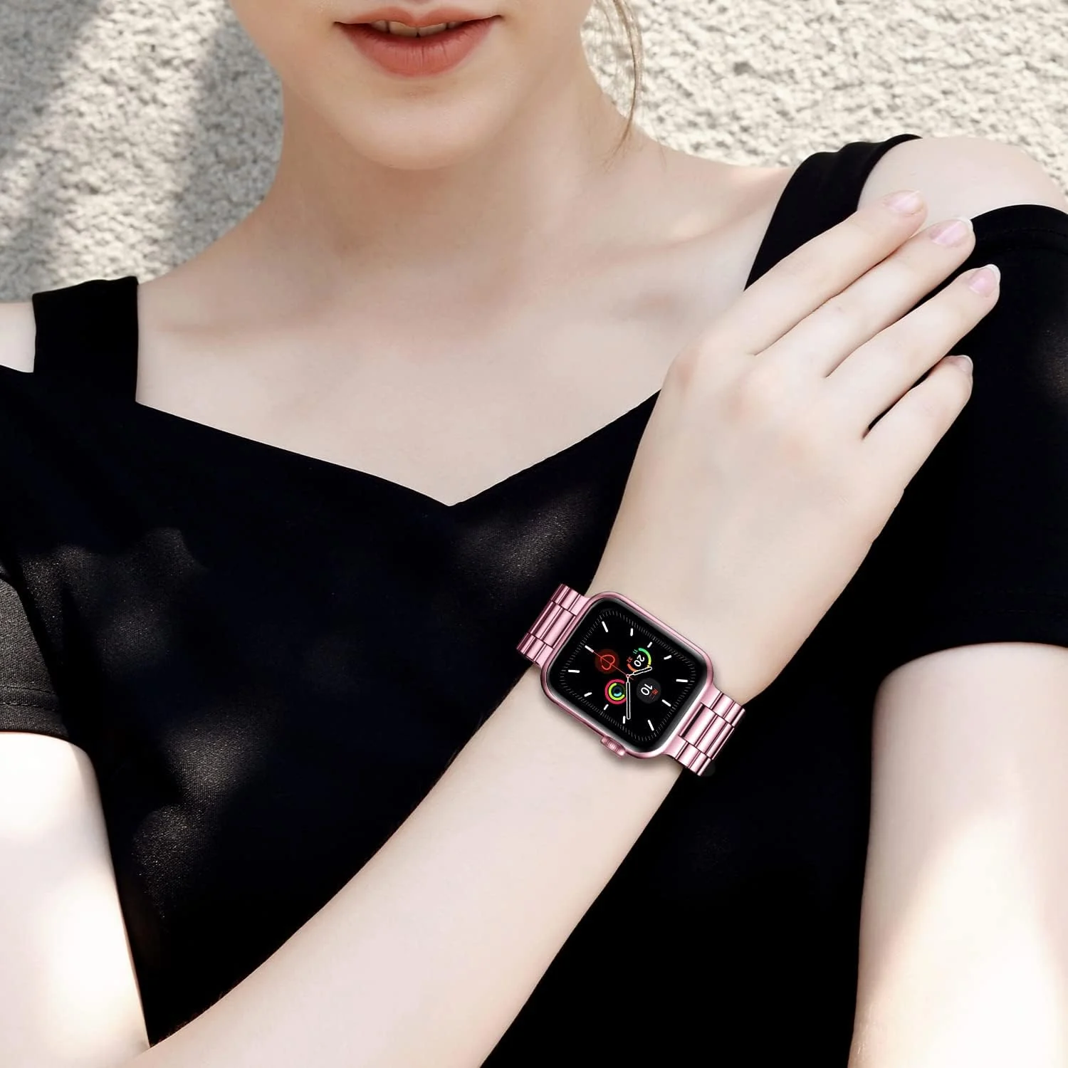 DL3 Mobilak Stainless Steel Band with Case Compatible with Apple Watch Band 45mm Series 9/8/7, Men Woman Business Strap with Protective Bumper Cover for iWatch Series 7/8/9 45mm - Pink
