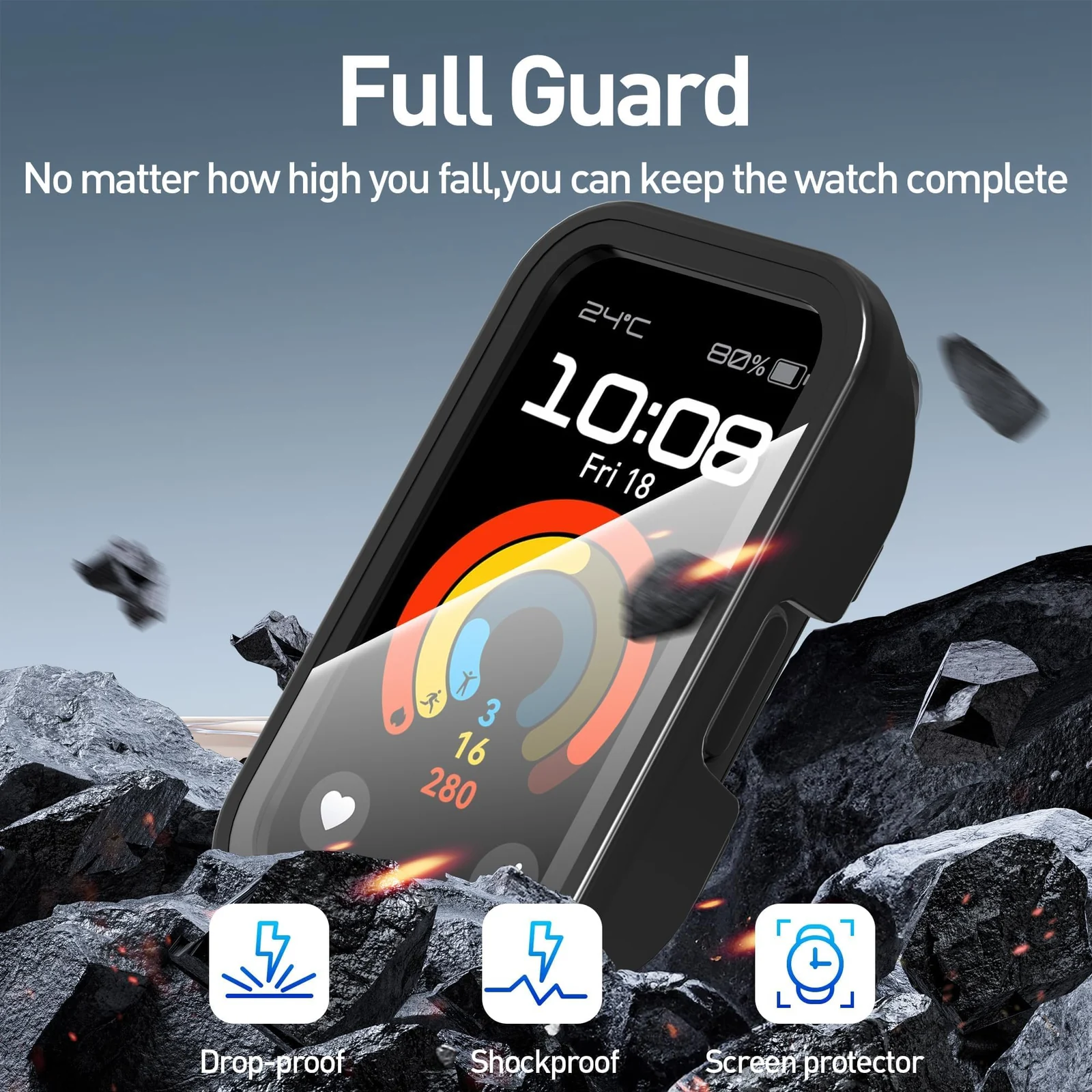 DL3 Mobilak Case with Screen Protector for Huawei Band 10, Bumper Full Coverage Hard PC Overall Protective Cover, Built-in Tempered Glass Film High Sensitivity For Huawei Band 10 - Black