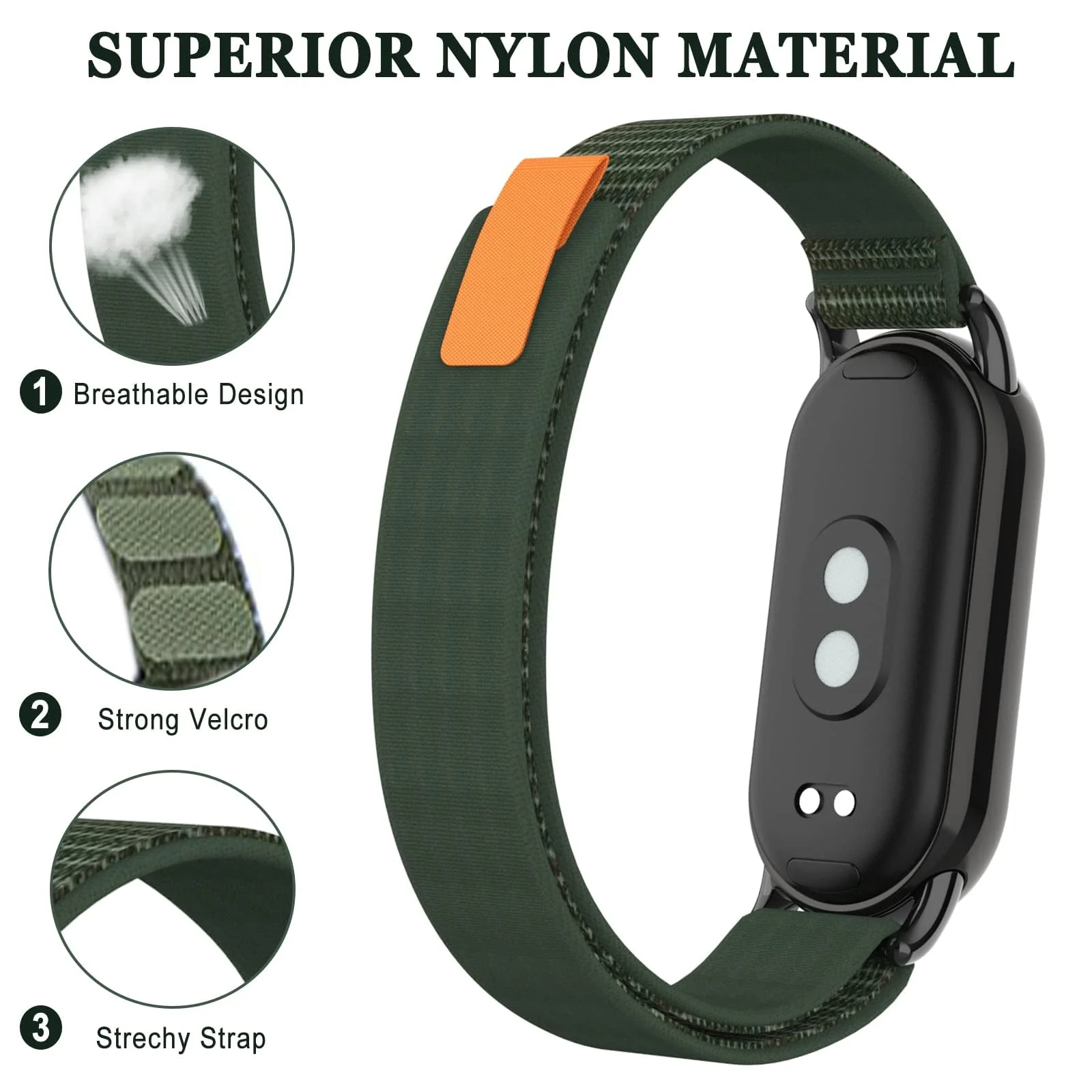 DL3 Mobilak Sport Bands Nylon For Xiaomi Mi Band 10/9/8 Men Women, Adjustable Elastic Breathable Soft Stretchy Wristband Loop Replacement Strap for Xiaomi Smart Band 8/9/10 - Green