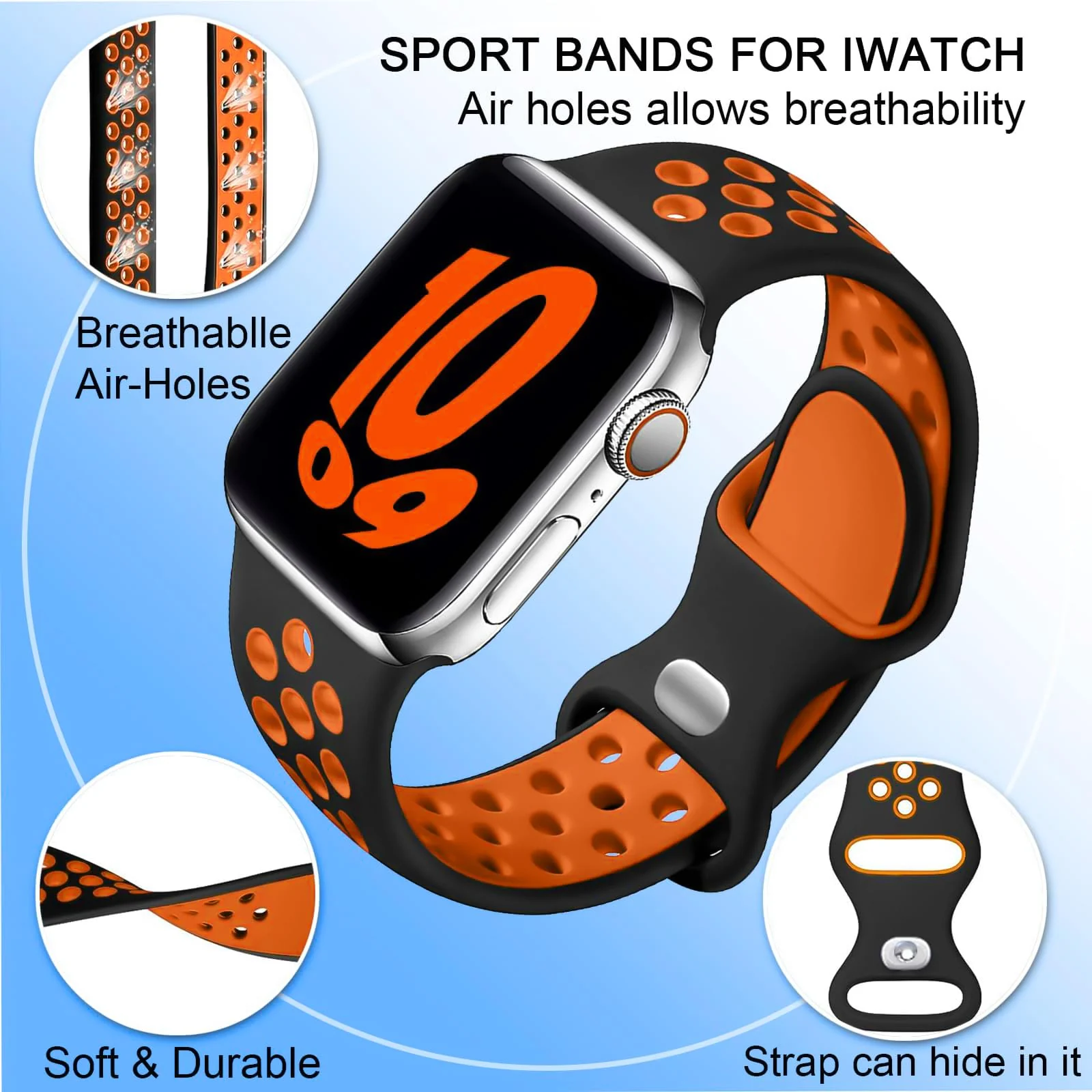 DL3 Mobilak Sport Strap For Apple Watch 49mm 45mm 44mm 42mm 41mm 40mm 38mm, Breathable Silicone Double Hole Band, for iWatch Ultra 2 Series 9 8 7 6 5 4 3 SE (&, 42mm/44mm/45mm/49mm) - Black & Orange
