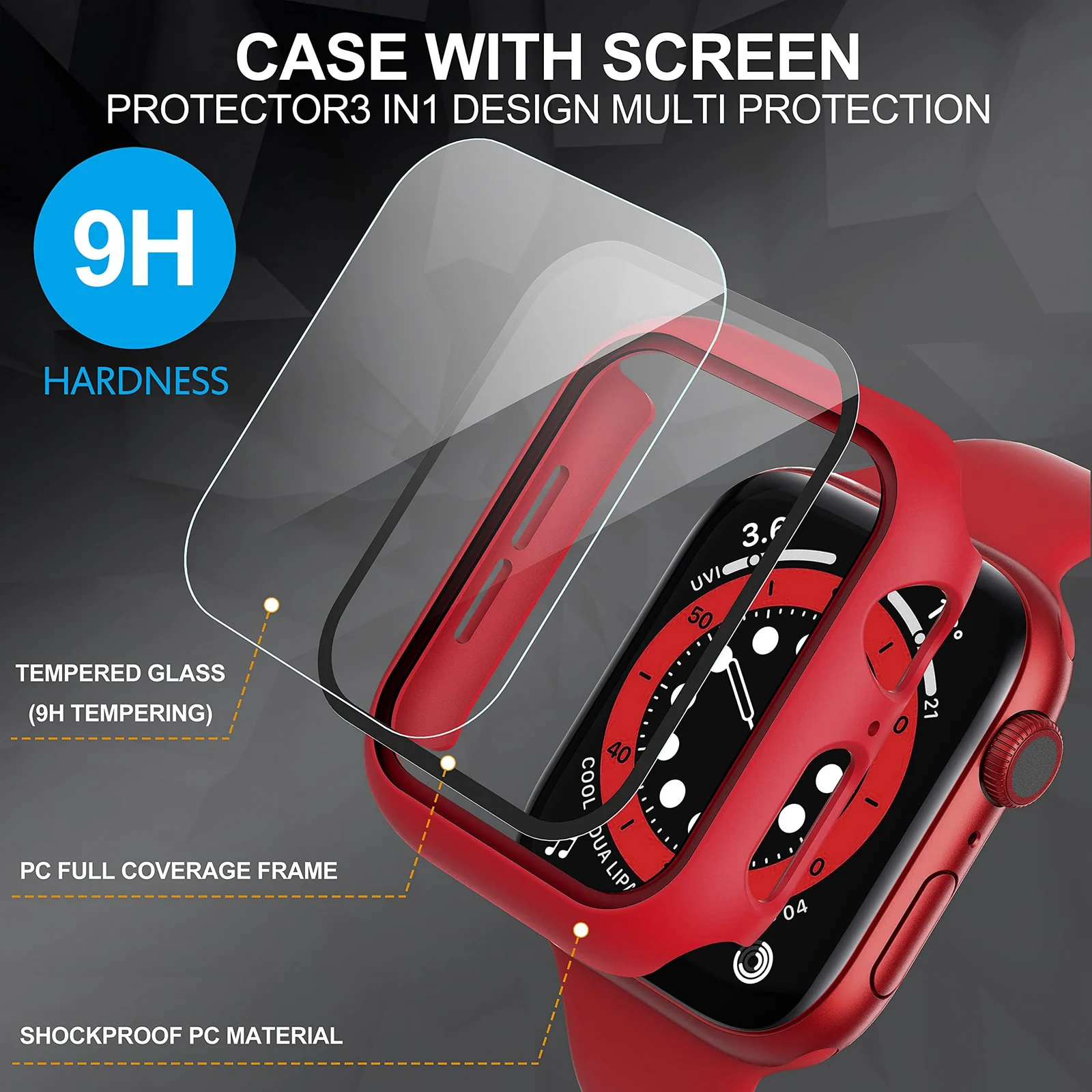 DL3 Mobilak Hard Case Designed for Apple Watch Series 8/7/6/5/4/Series SE/SE 2 44mm, Built-in 9H [HD Clear] Tempered Glass Screen Protector, [Full Protection] Slim Cover for 44mm - Red