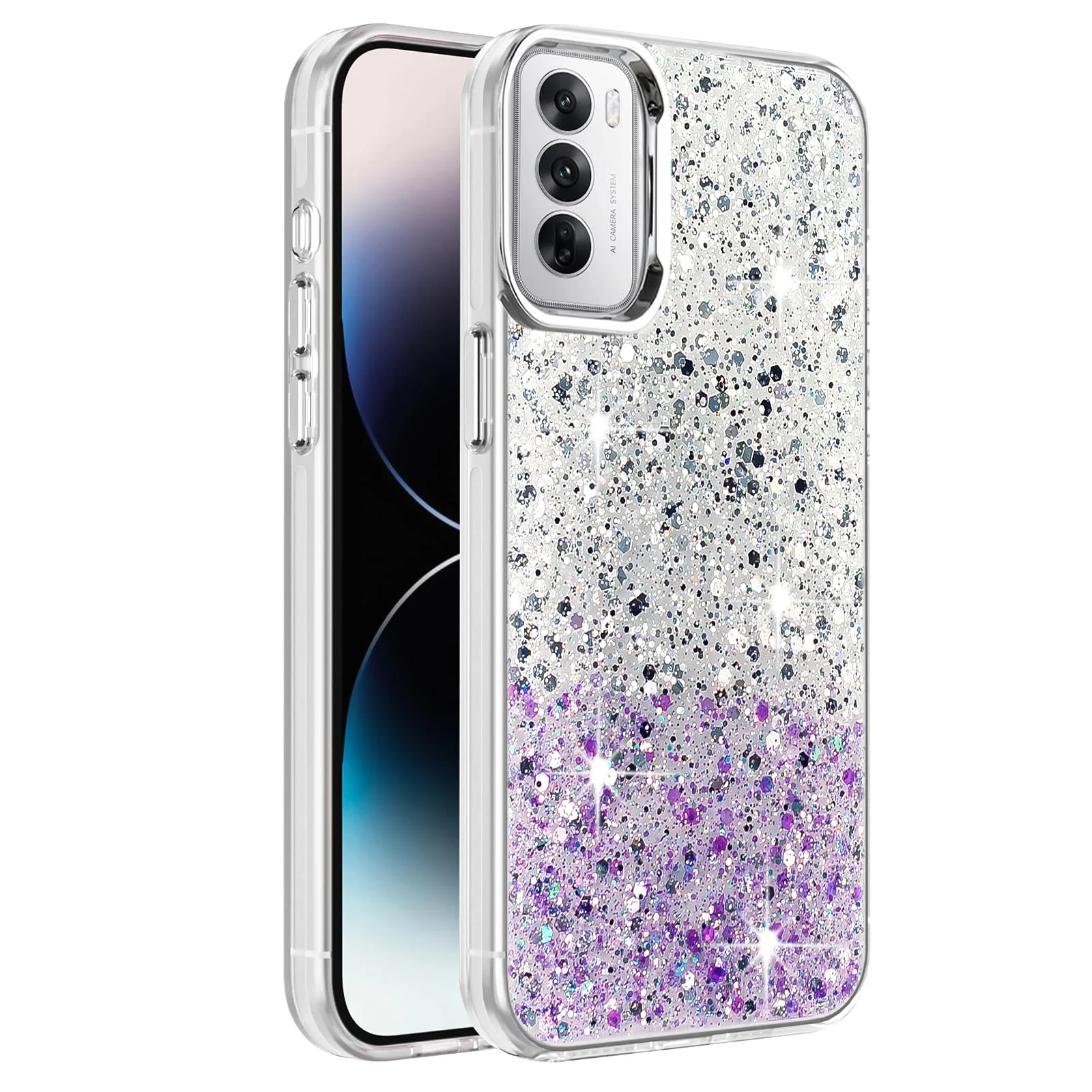 DL3 Mobilak Glitter Rhinestone Protective Case for OPPO Reno 12 5G with Shockproof Design - White Purple