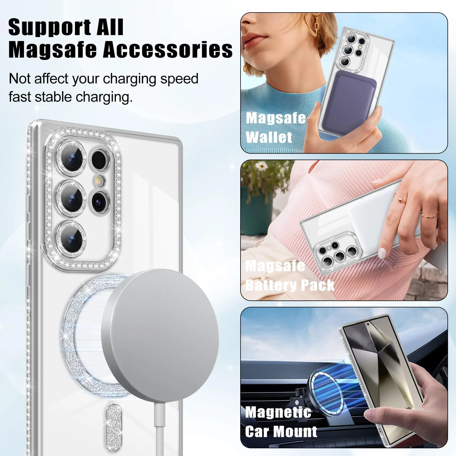 DL3 Mobilak MagSafe-Compatible Magnetic Case for Samsung Galaxy S23 Ultra with Camera Protection and Magnetic Car-Mount Support - Silver