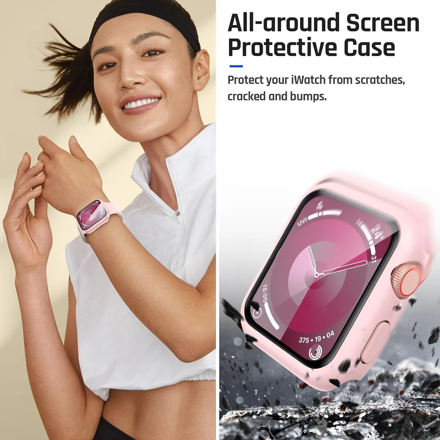 DL3 Mobilak Hard Case Designed for Apple Watch Series 8/7/6/5/4/Series SE/SE 2 44mm, Built-in 9H [HD Clear] Tempered Glass Screen Protector, [Full Protection] Slim Cover for 44mm - Pink