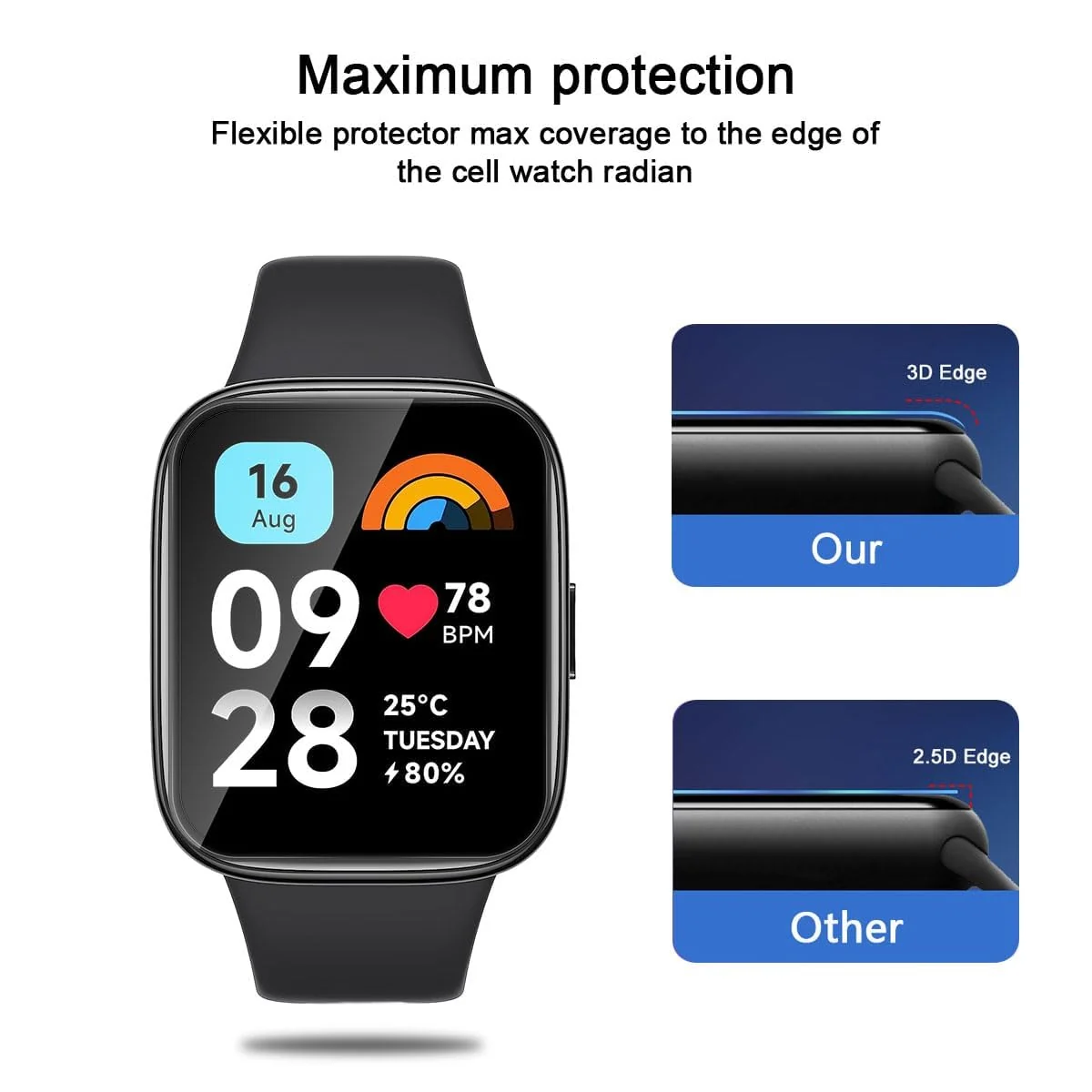 DL3 Mobilak Screen Protector For Xiaomi Redmi Watch 3, 3D Curved Soft Edge Protective Film [Anti-Scratch] [Bubble Free] [Ultra Shatterproof] [High Sensitive] (Not Glass) - Black