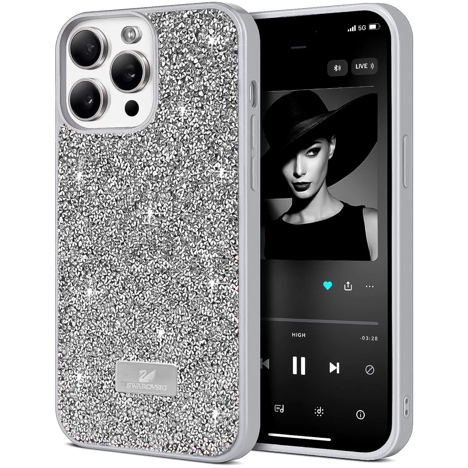 DL3 Mobilak Glitter Rhinestone Protective Case for iPhone 15 Pro with Shockproof Design - Silver 2
