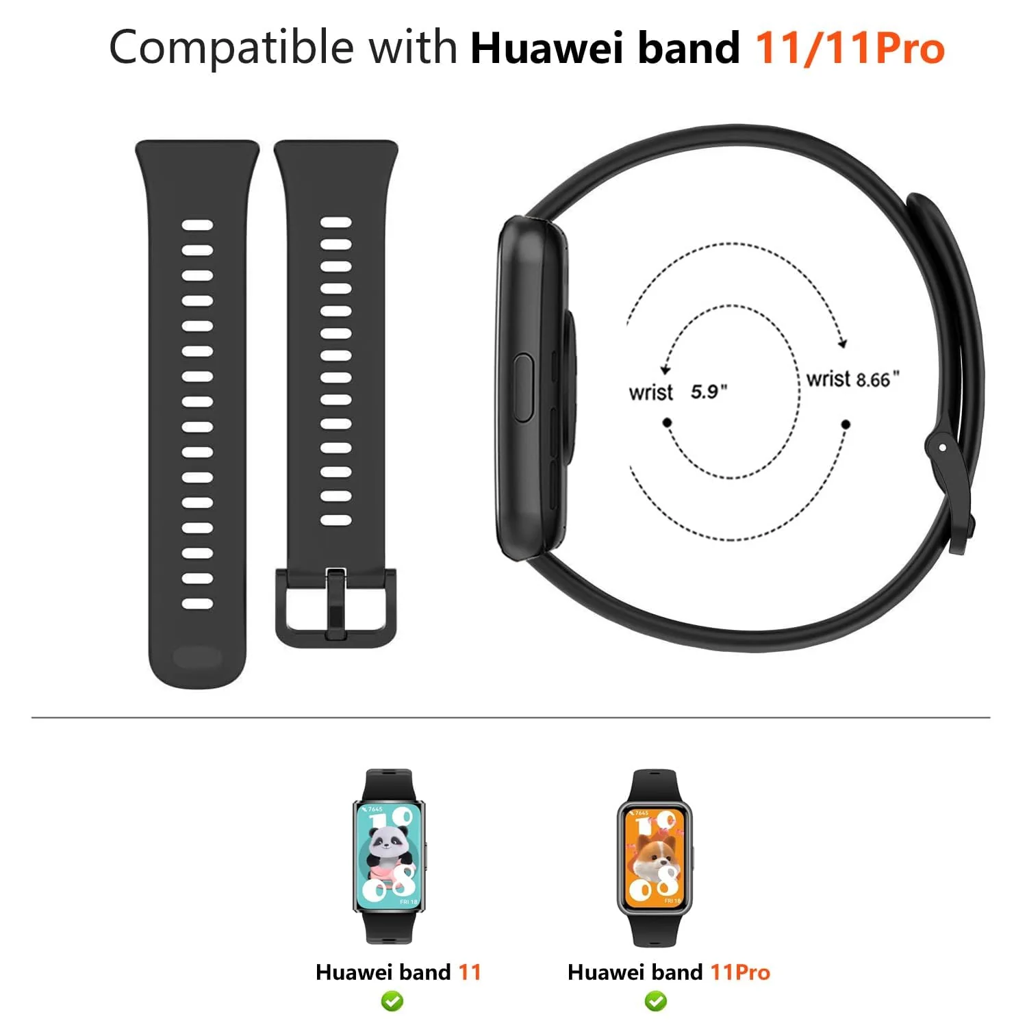 DL3 Mobilak Silicone Bracelet for Huawei Band 11/Band 11 Pro Strap, Soft Silicone Sport Band, Soft Breathable, for Huawei Band11/11 Pro Adjustable Replacement Strap - Black