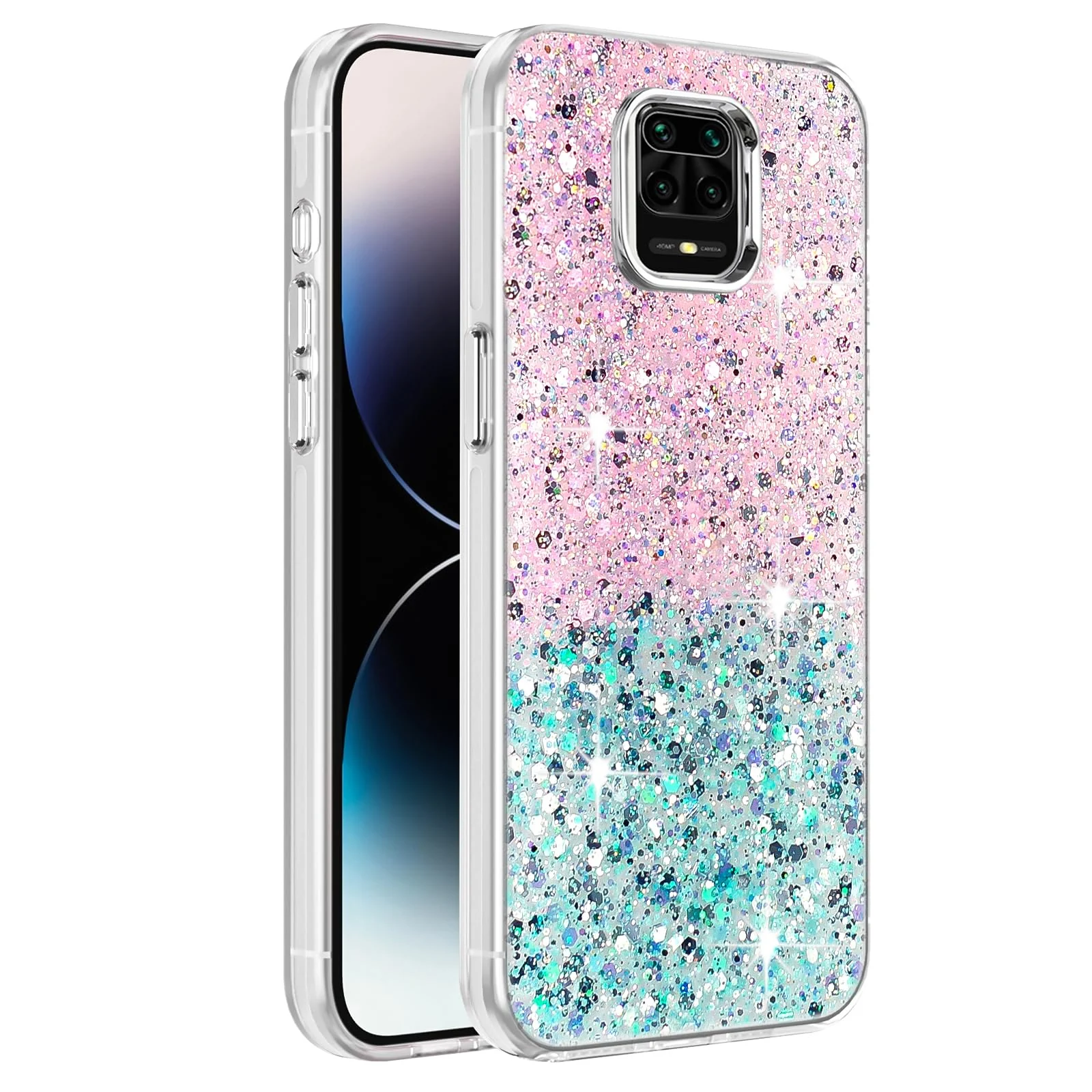 DL3 Mobilak Glitter Rhinestone Protective Case for Xiaomi Mi Redmi Note 9S / Redmi Note9 Pro / Redmi Note 9 Pro Max with Shockproof Design - Pink Green