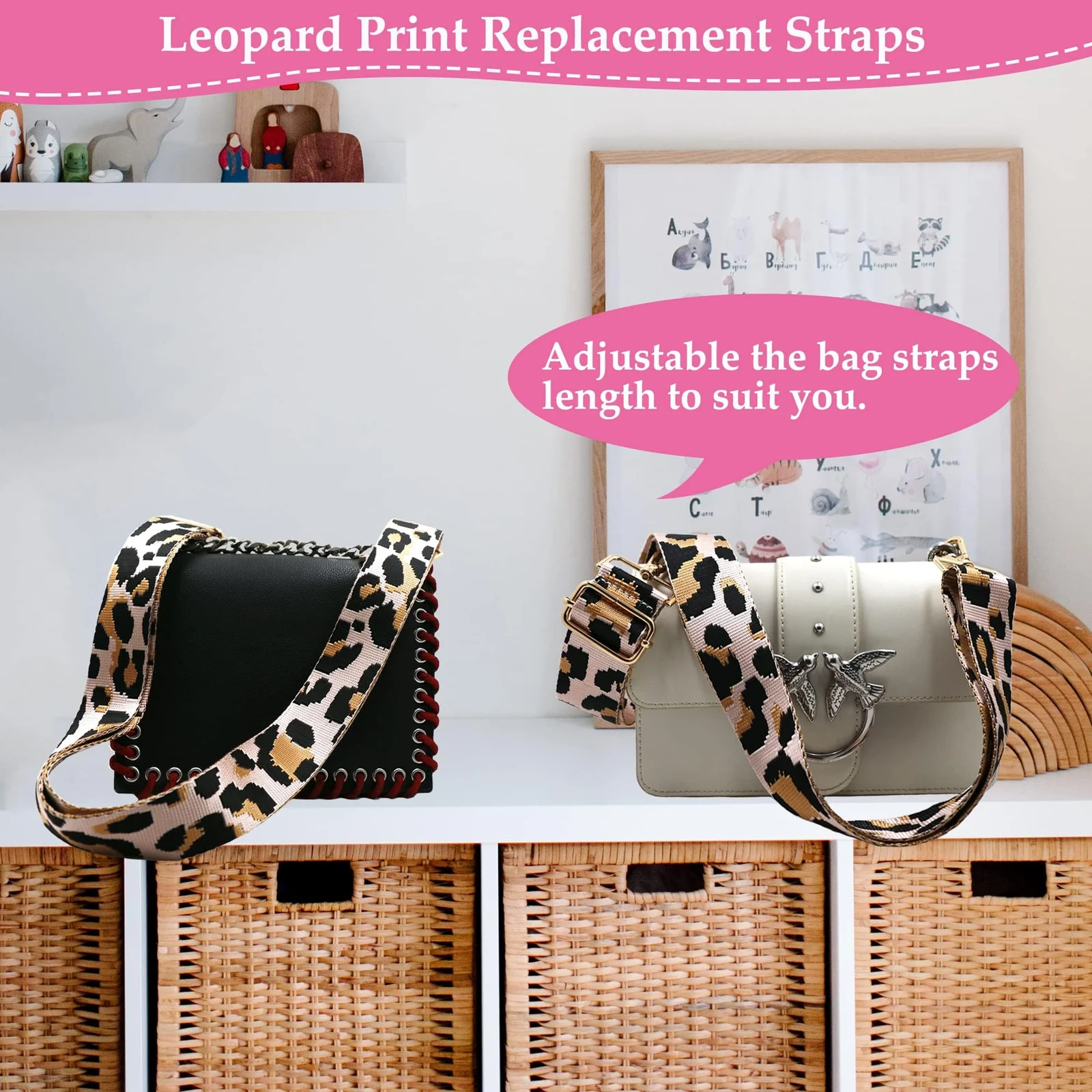 DL3 Mobilak Adjustable Wide Crossbody Bag Strap for Women, Replacement Shoulder Strap for Handbags, Totes & Purses with Elegant Embroidered Pattern and Metal Hooks - Pink