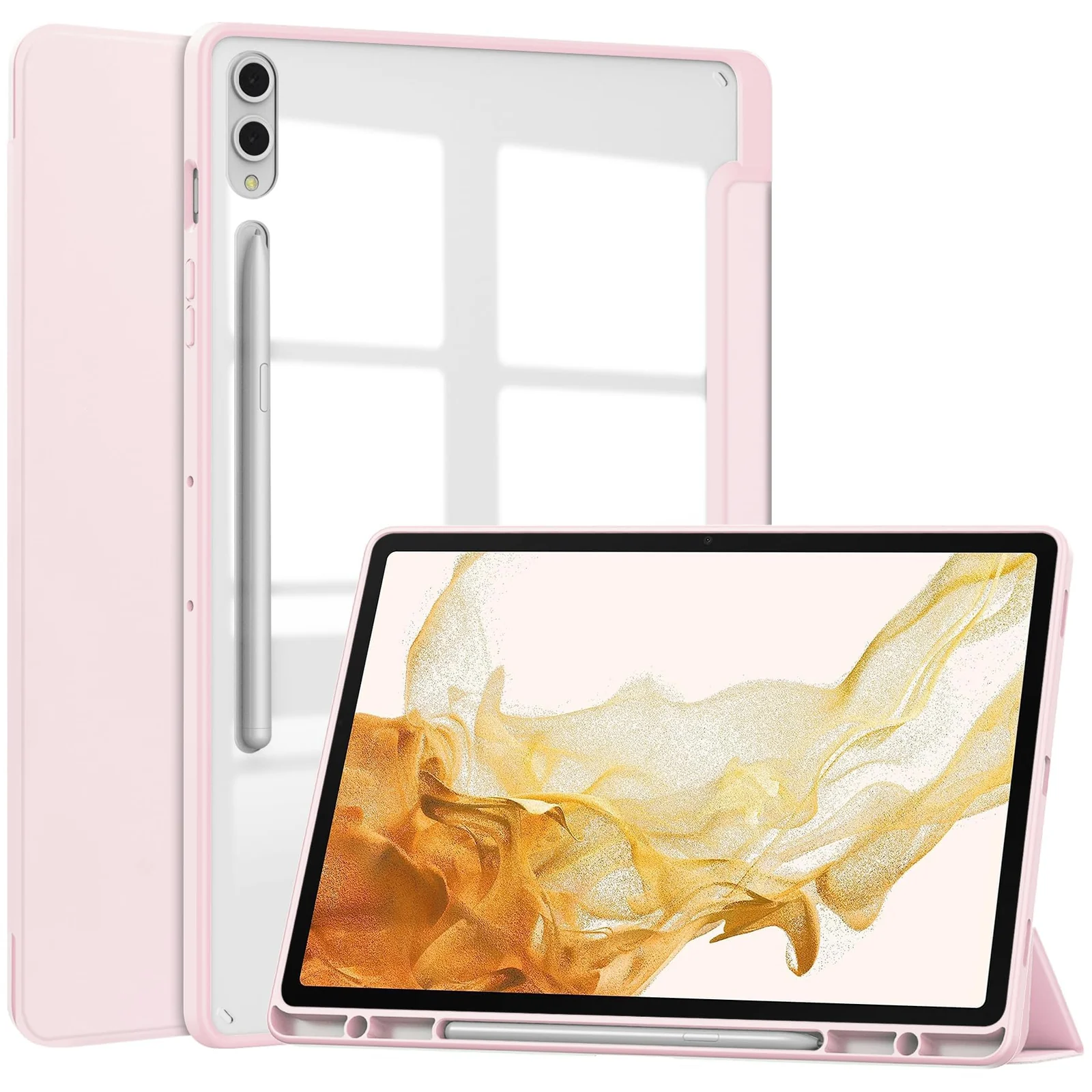 DL3 Mobilak Case for Samsung Galaxy Tab S10 Plus/Tab S9 Plus 12.4-Inch with S Pen Holder, Clear Transparent PC Back, Shockproof Tri-Fold Stand Tablet Cover, Auto Wake/Sleep - Pink
