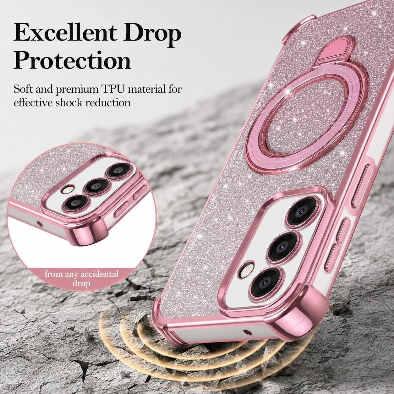 Mobigon Glitter Phone Case Compatible with OPPO A15 / OPPO A15S, Magnetic Ring Stand Shockproof Cover, Clear Soft TPU Bumper with Full Camera Protection - Pink