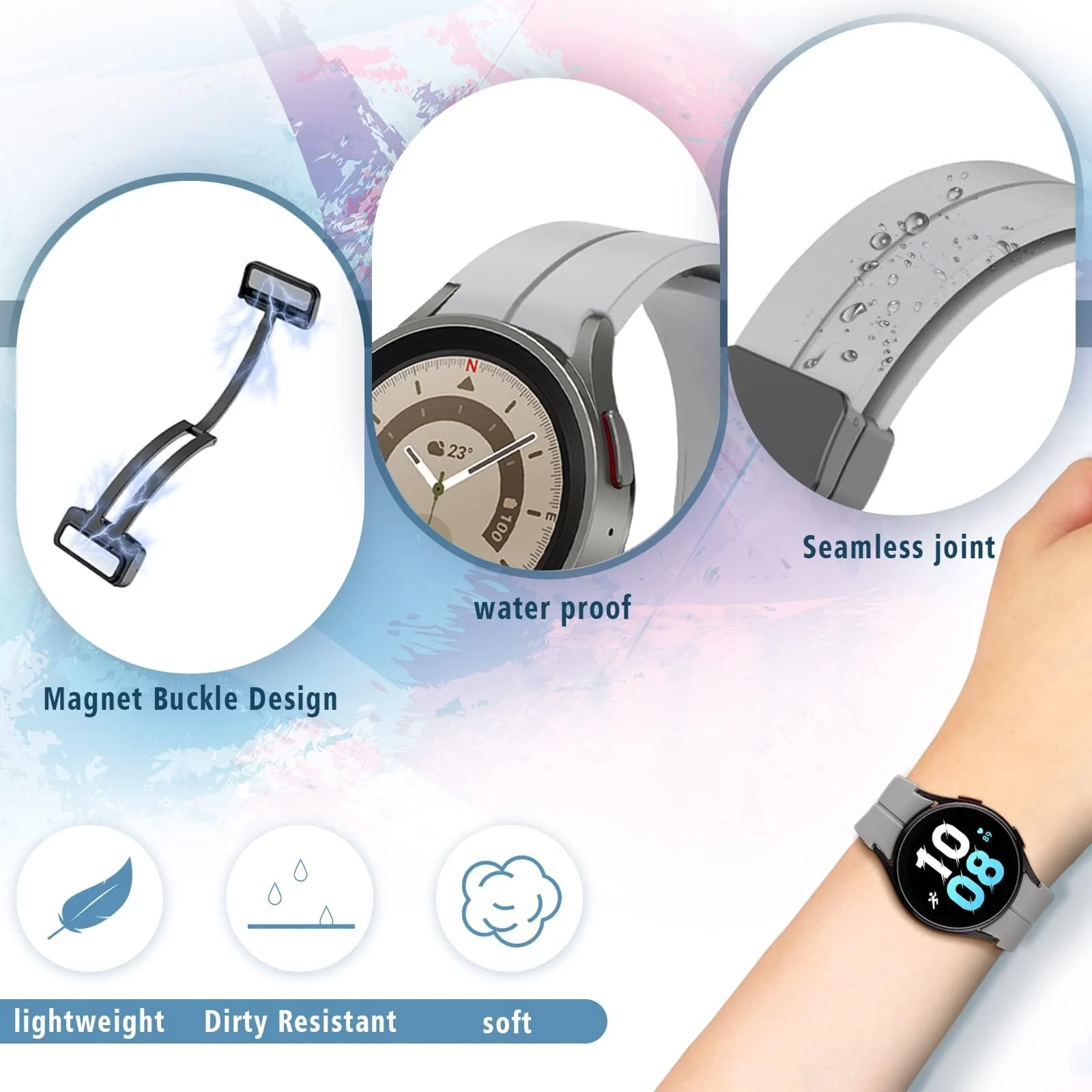 DL3 MOBILAK Magnetic Compatible with Samsung Galaxy Watch 6/5/4 Band 40mm 44mm/Galaxy Watch 6 Classic Bands 47mm 43mm/watch 4 Classic 46mm 42mm - Grey