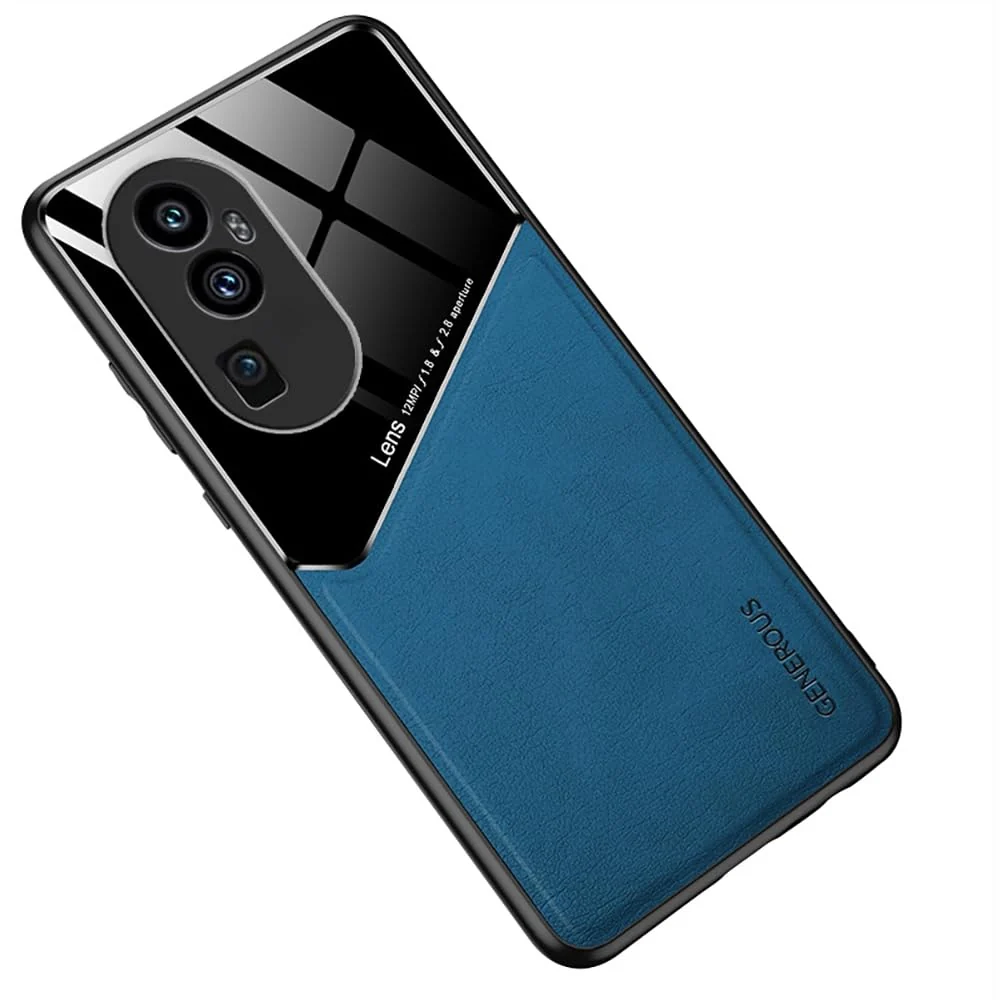 DL3 Mobilak Luxury Case Compatible with OPPO Reno 10 Pro+ Plus 5G, Ultra-Thin Soft TPU Frame, Back Leather Mixed Double+Plexiglass Protective Cover With Built-in Car Magnetic - Blue